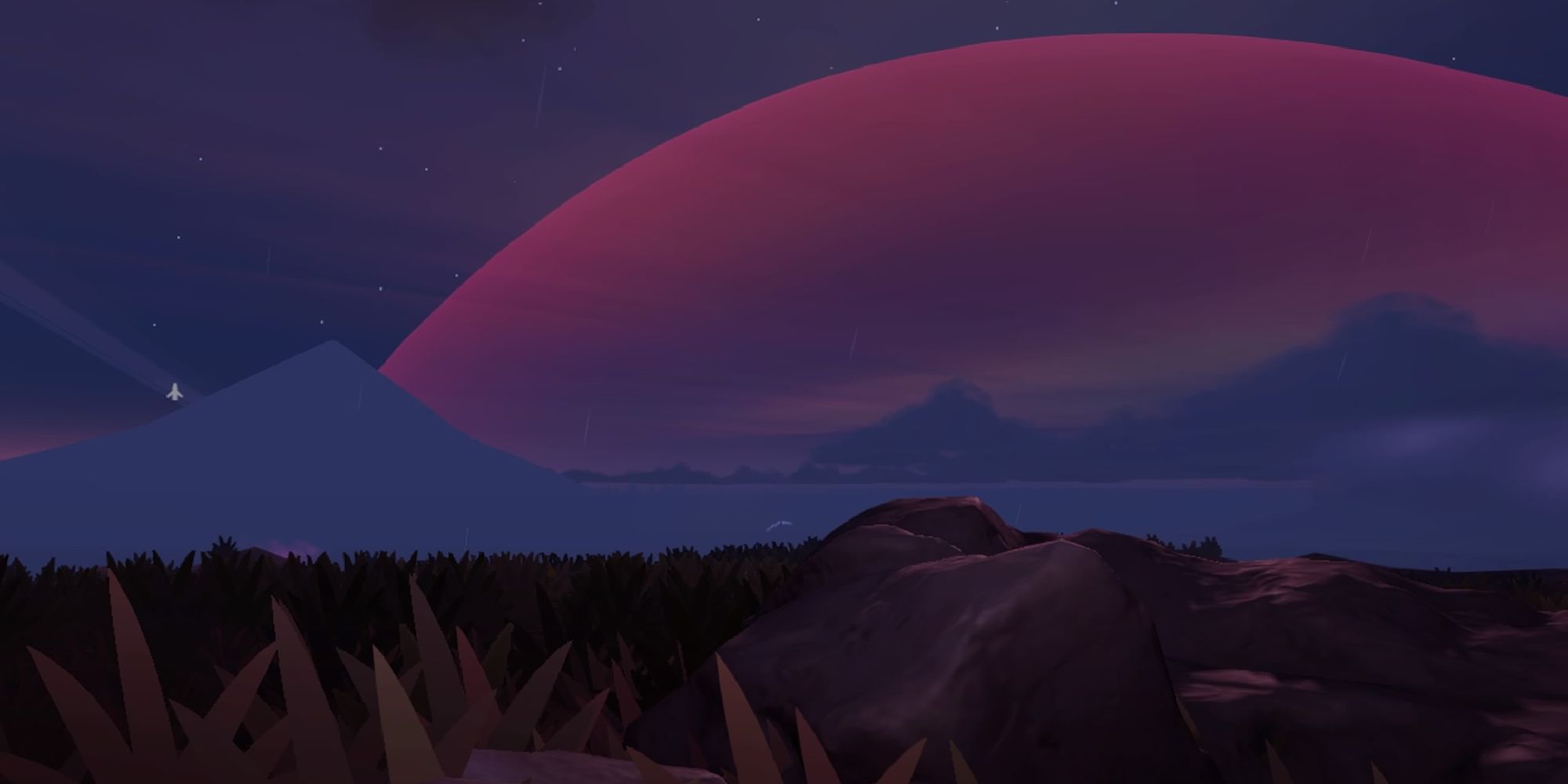 Jett The Far Shore Hidden Areas a mid shot of a dusky night with grass and rocks in the foreground and the crimson planet Ghoke and Tor in the background