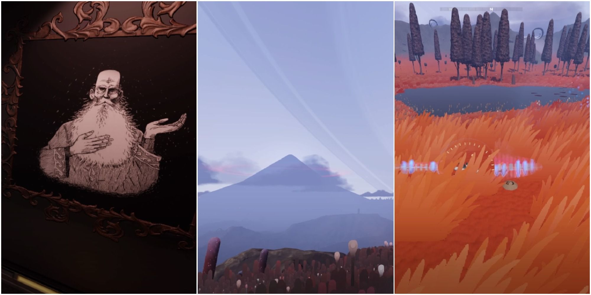Jett The Far Shore Hidden Areas a dimly lit painting on the left, a misty mountain in the middle and a pond surrounded by red grass on the right