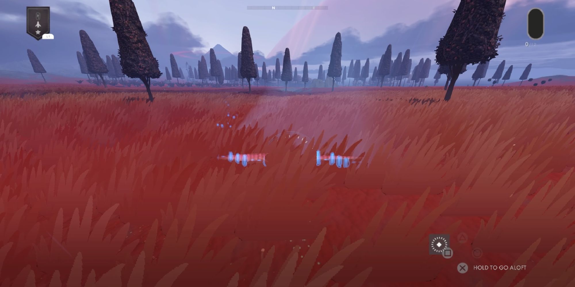 Jett The Far Shore Hidden Areas wide shot of a field of red grass with tall pointy trees jutting out from the ground in the distance
