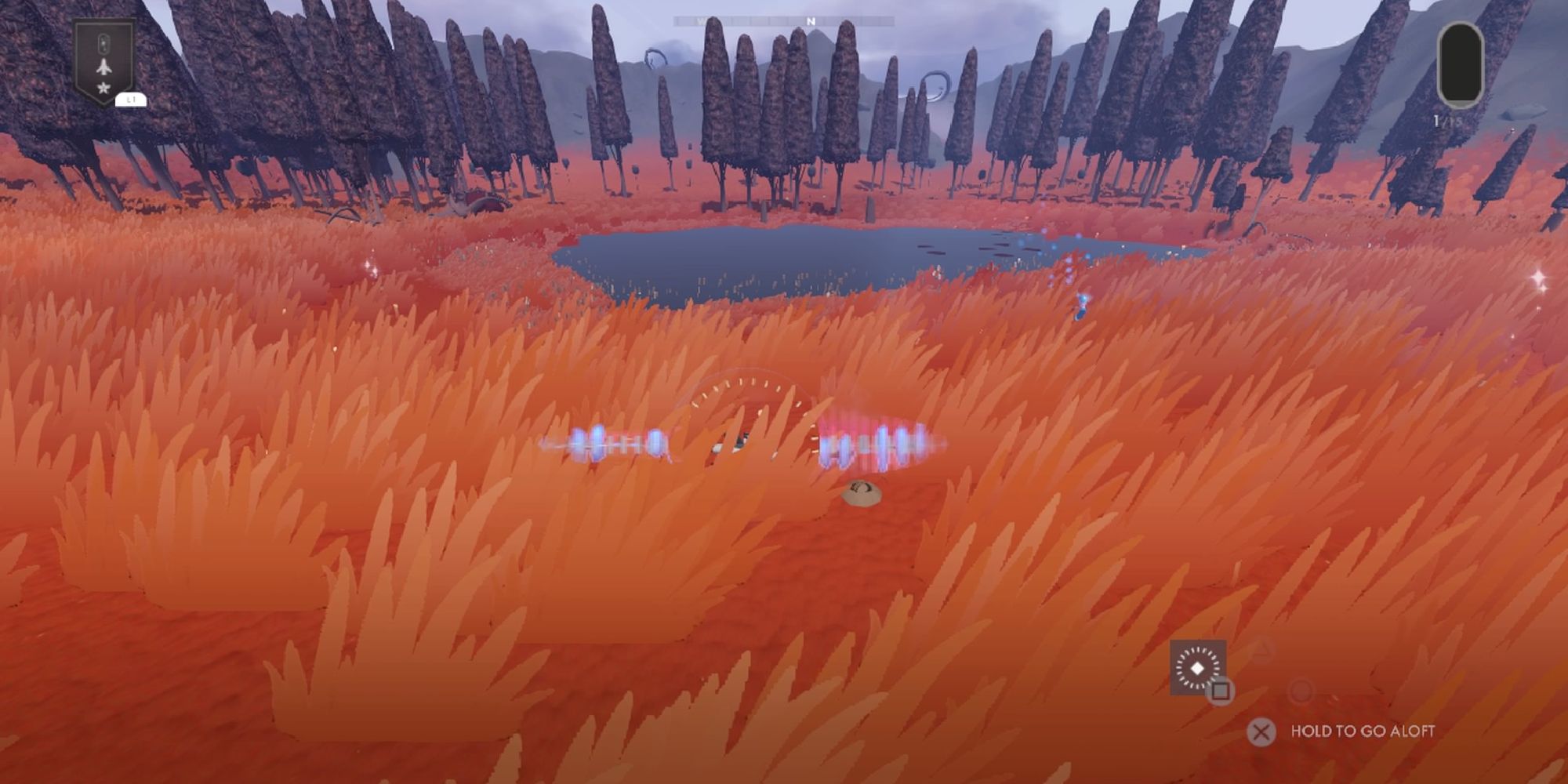 Jett The Far Shore Hidden Areas red grass and tall pointy trees surround a solitary pond in the middle of the shot