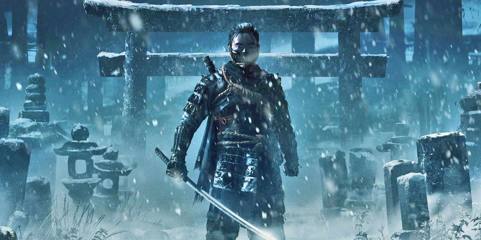 Jin Sakai standing in the snow, sword out, with an arch behind him