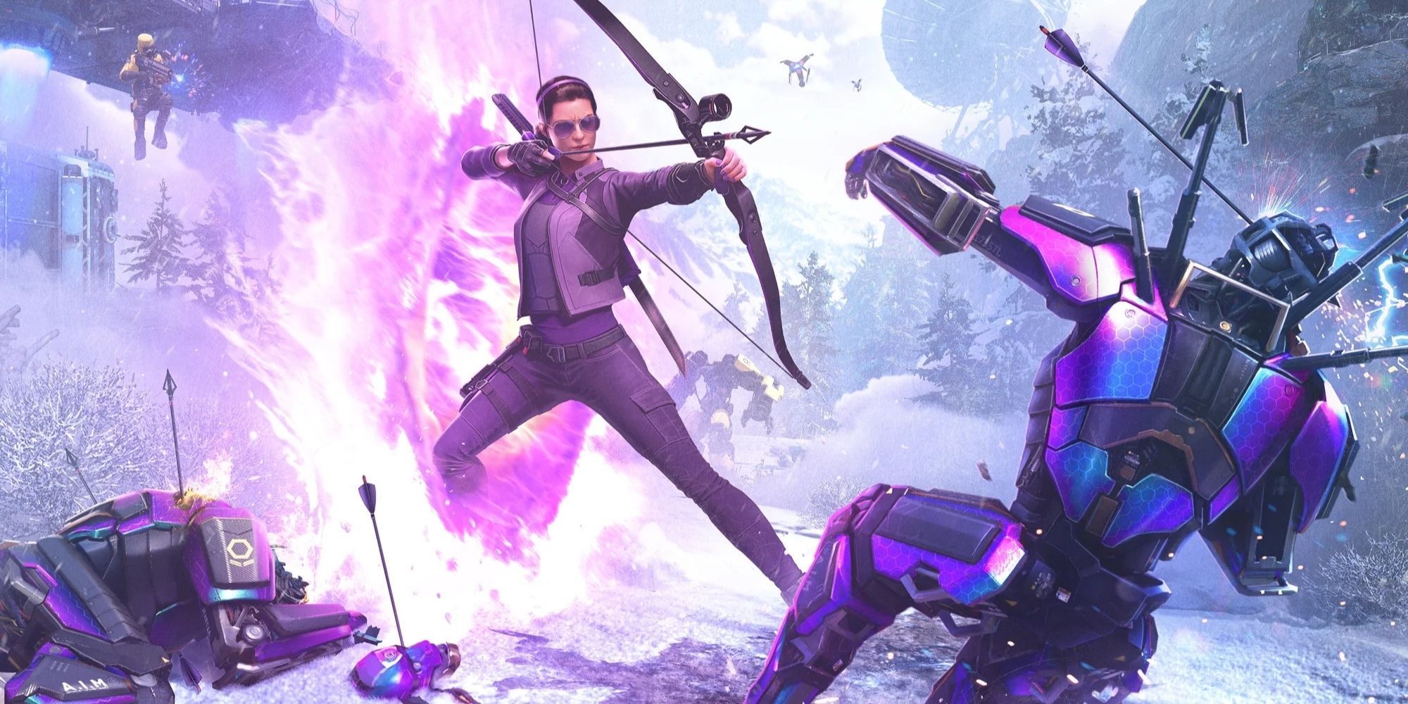 Kate Bishop in marvels avengers post game wielding a bow