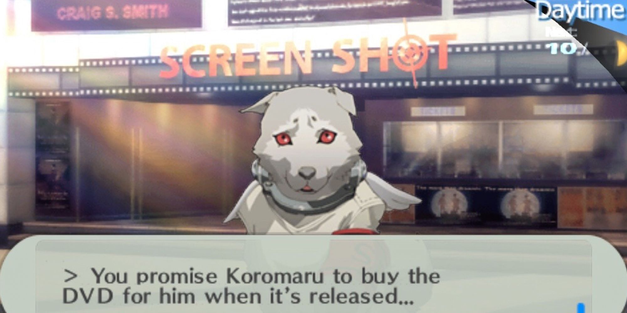 Persona Koromaru. Text box on screen reading "You promise Koromaru to buy the DVD for him when it's released..."