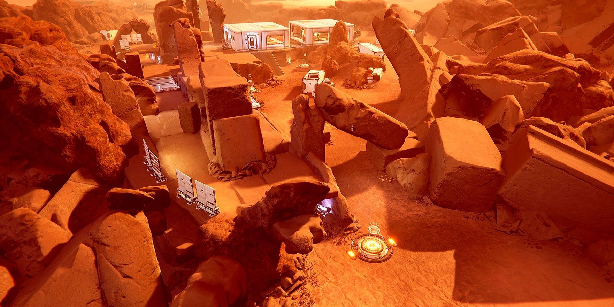Lemnis Gate Maps wide shot of the map Caldera with large stone pillars scattered across it covered by a thick layer of reddish sand and white box-shaped buildings in the background