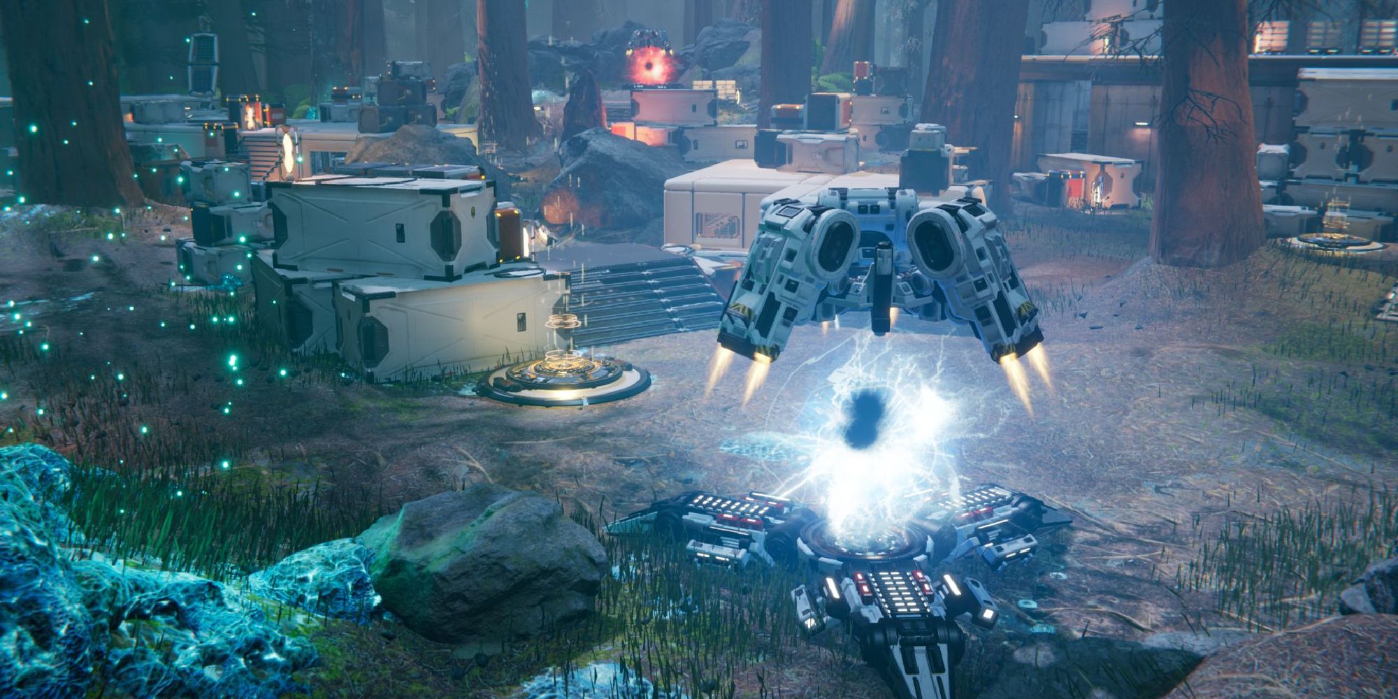 Lemnis Gate Maps wide shot of the map Howler's Mire with trees and white box-shaped buildings in the distance and a white teleporter with a blue ball of energy in its centre in the foreground