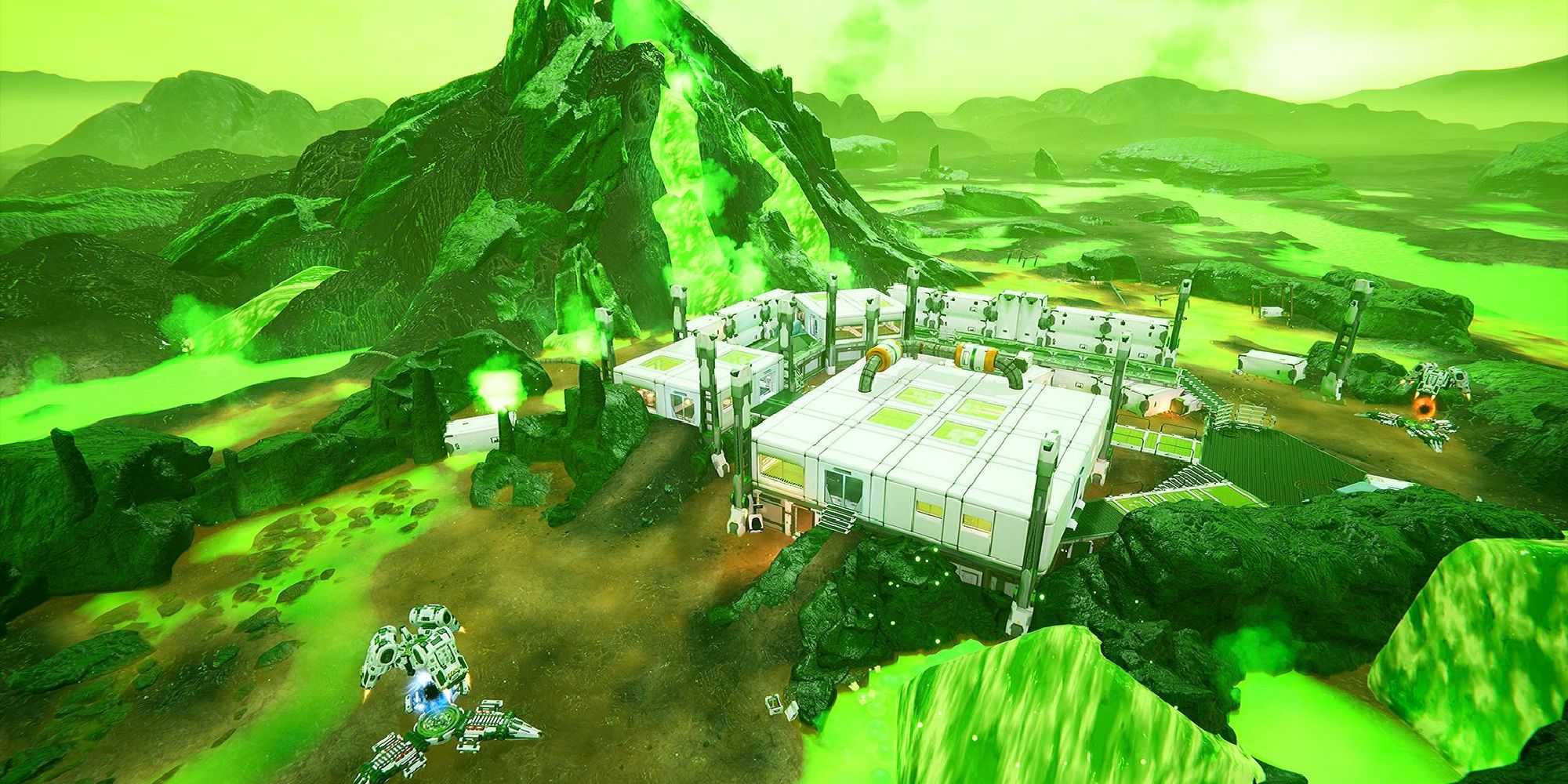 Lemnis Gate Maps a wide shot of the map Iridium Plains with white box-shaped buildings in the centre surrounded by neon-green pools and rocky outcrops