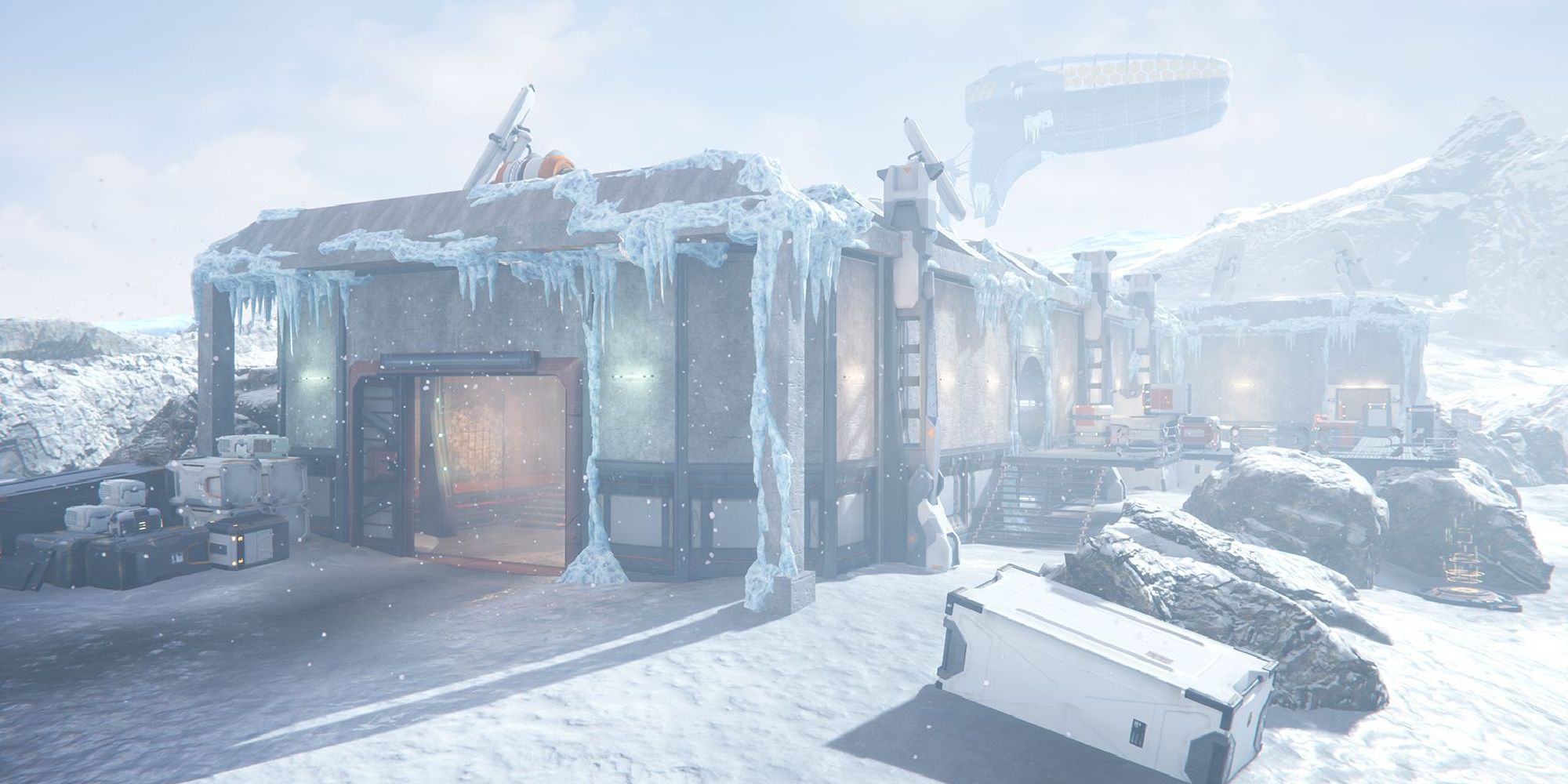 Lemnis Gate Maps mid shot of the map Solitude with an industrial building in the centre covered in ice and surrounded by snow and rocks