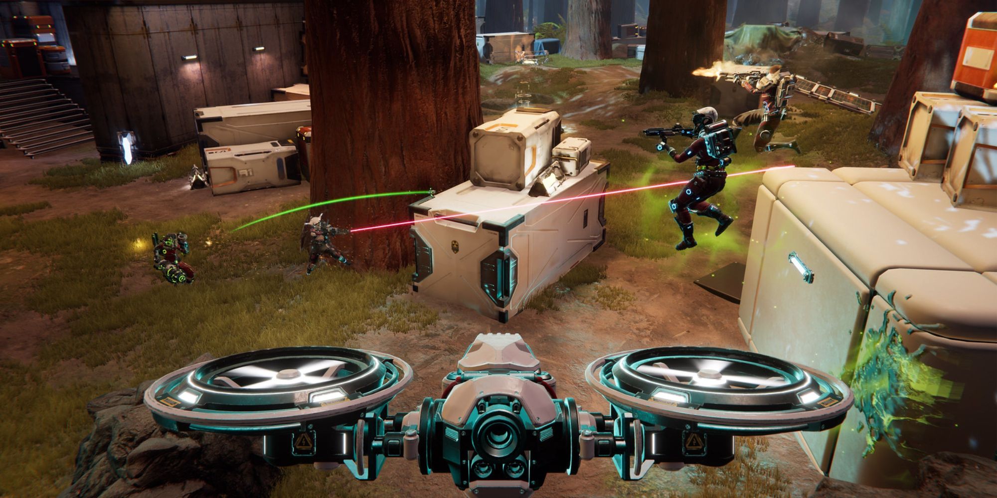 Lemnis Gate Pro Tips a drone in the foreground surveying a fight between Striker, Vendetta and Toxin happening in the background 