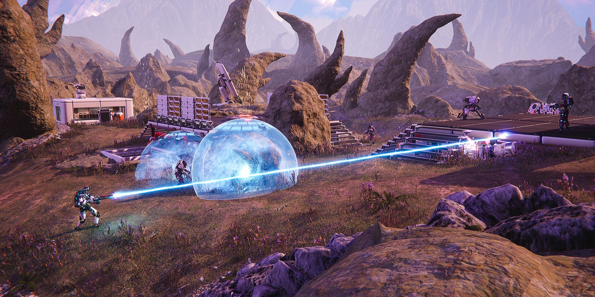 Lemnis Gate Pro Tips extreme wide shot of Karl on the left firing at enemy operators while his shields lay in the middle of the map