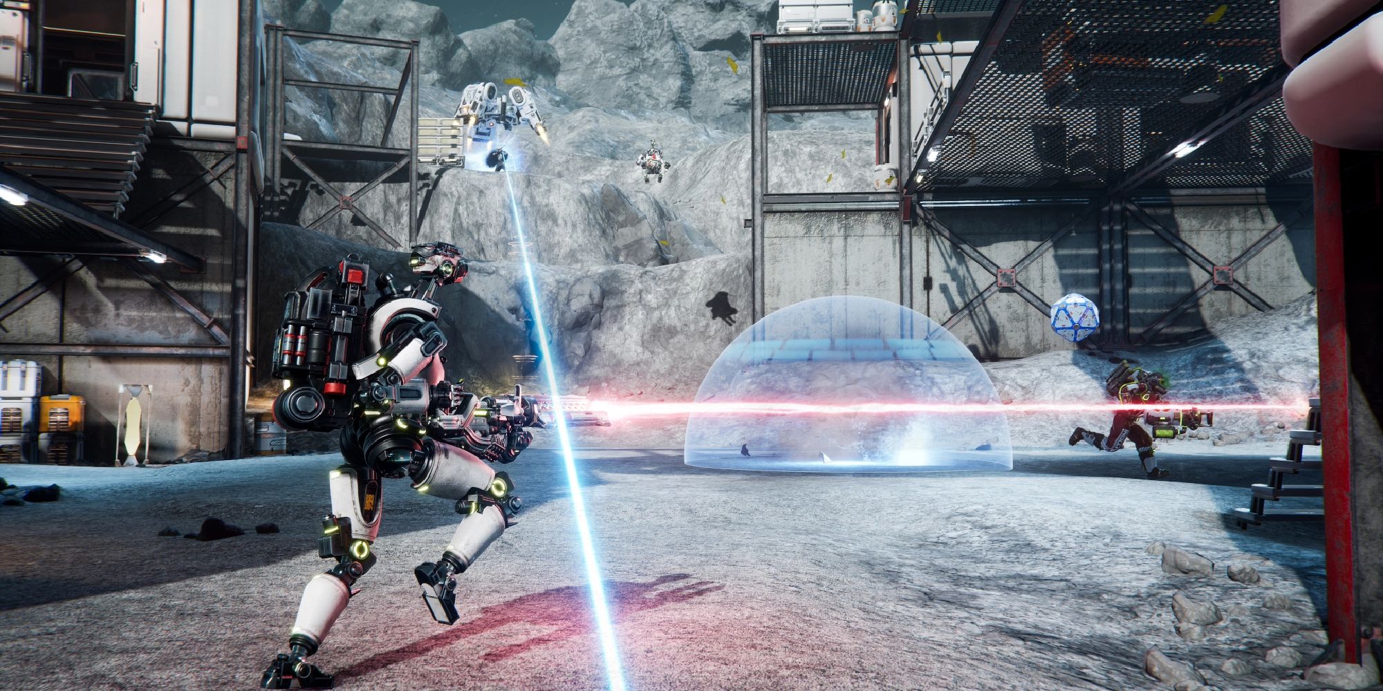 Lemnis Gate Pro Tips a wide shot of Karl in the foreground firing at a distant Toxin with buildings surrounding them against a rocky background