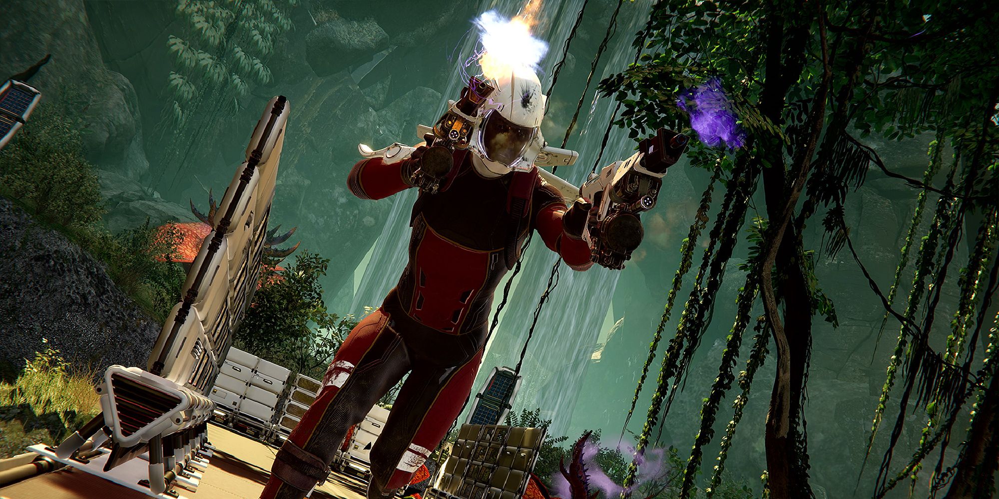 Lemnis Gate Pro Tips mid shot of Rush running towards the camera firing his dual pistols against a jungle backdrop