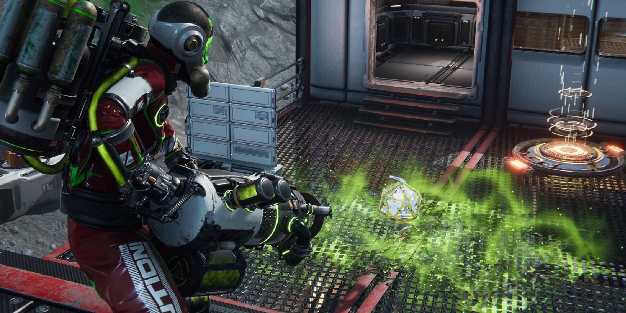 Lemnis Gate Pro Tips mid shot of Toxin in the foreground firing green poisonous goo at the floor near a building in the background