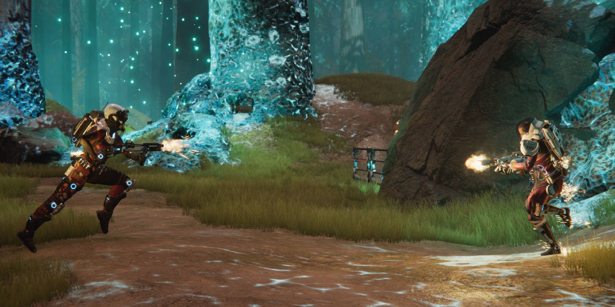 Lemnis Gate Pro Tips wide shot of Vendetta and Kapitan running towards each other firing at each other against a forest backdrop