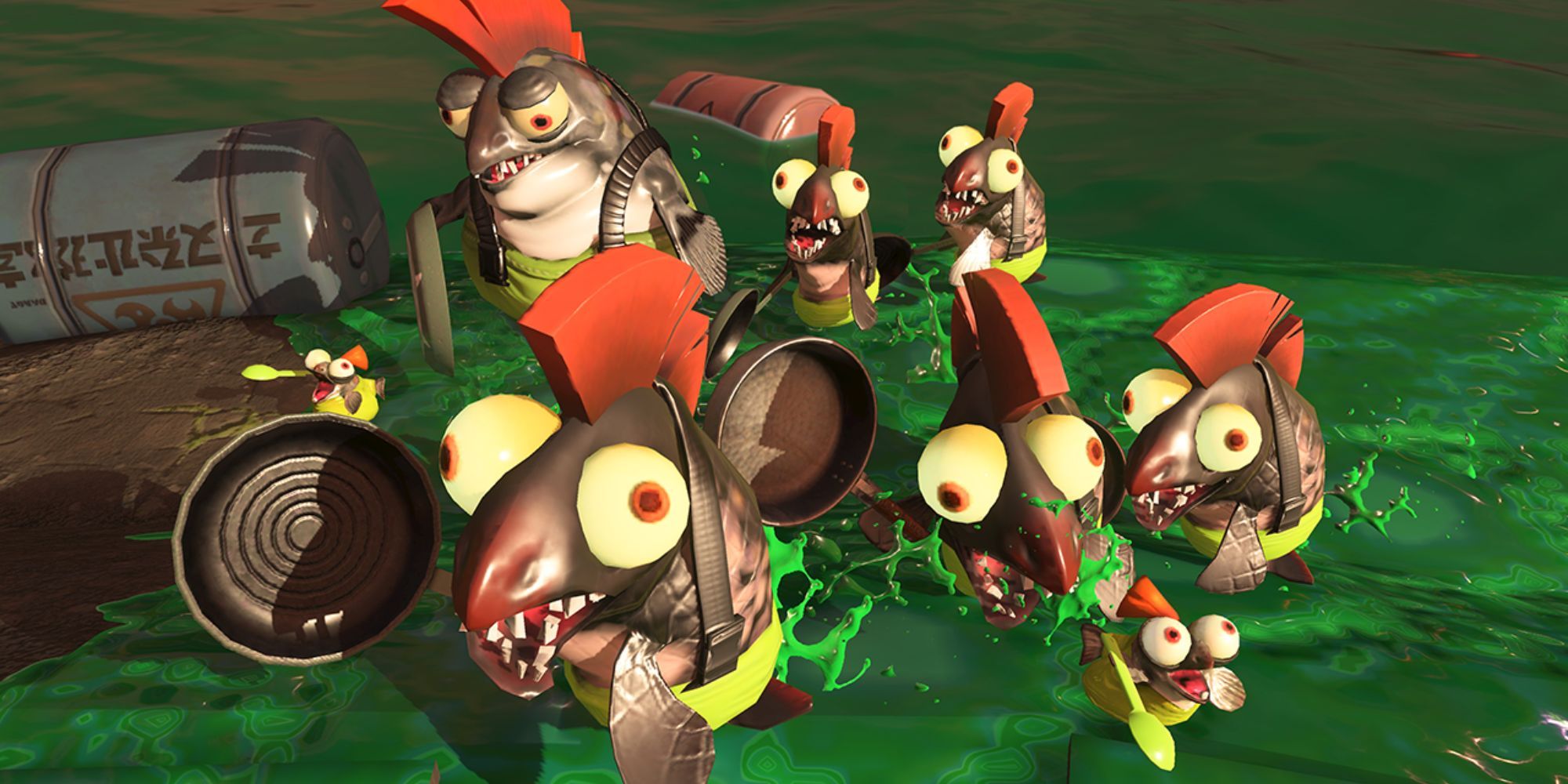 Splatoon 2 group of salmonoids charging island