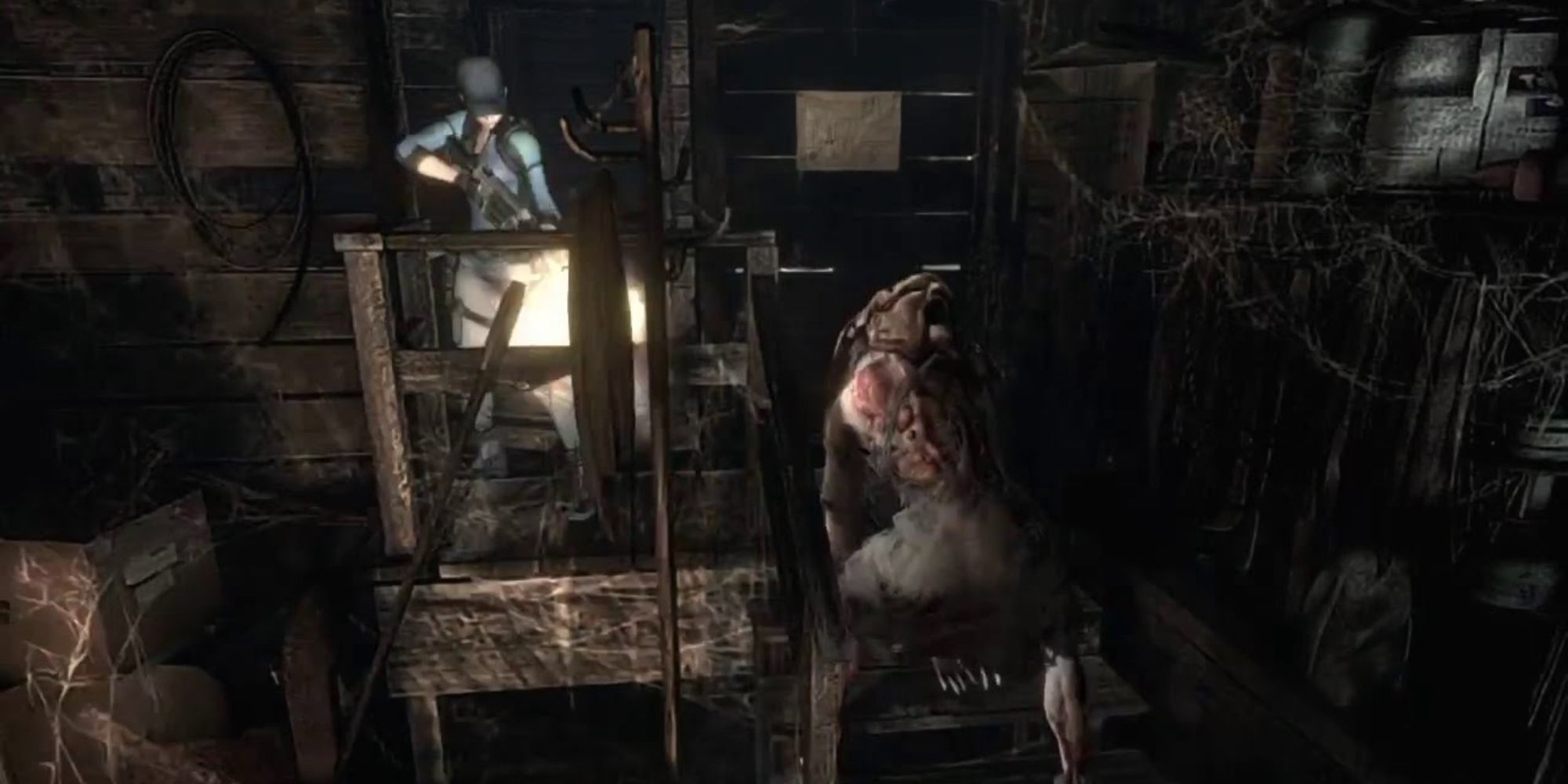 Resident Evil Remake - Jill Valentine fires a gun at Lisa Trevor in Lisa's cabin.