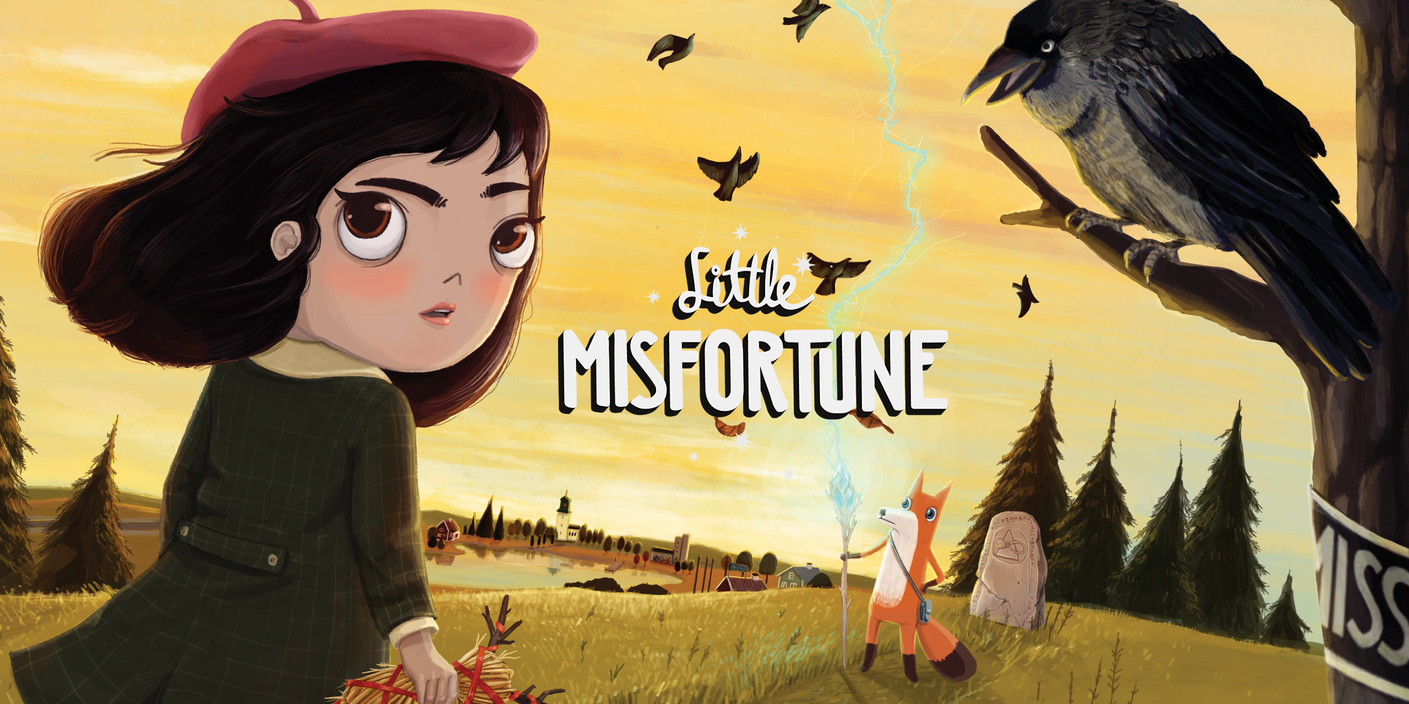 Little Misfortune stares into distance and in background, Benjamin the fox holds a staff crackling with lightning