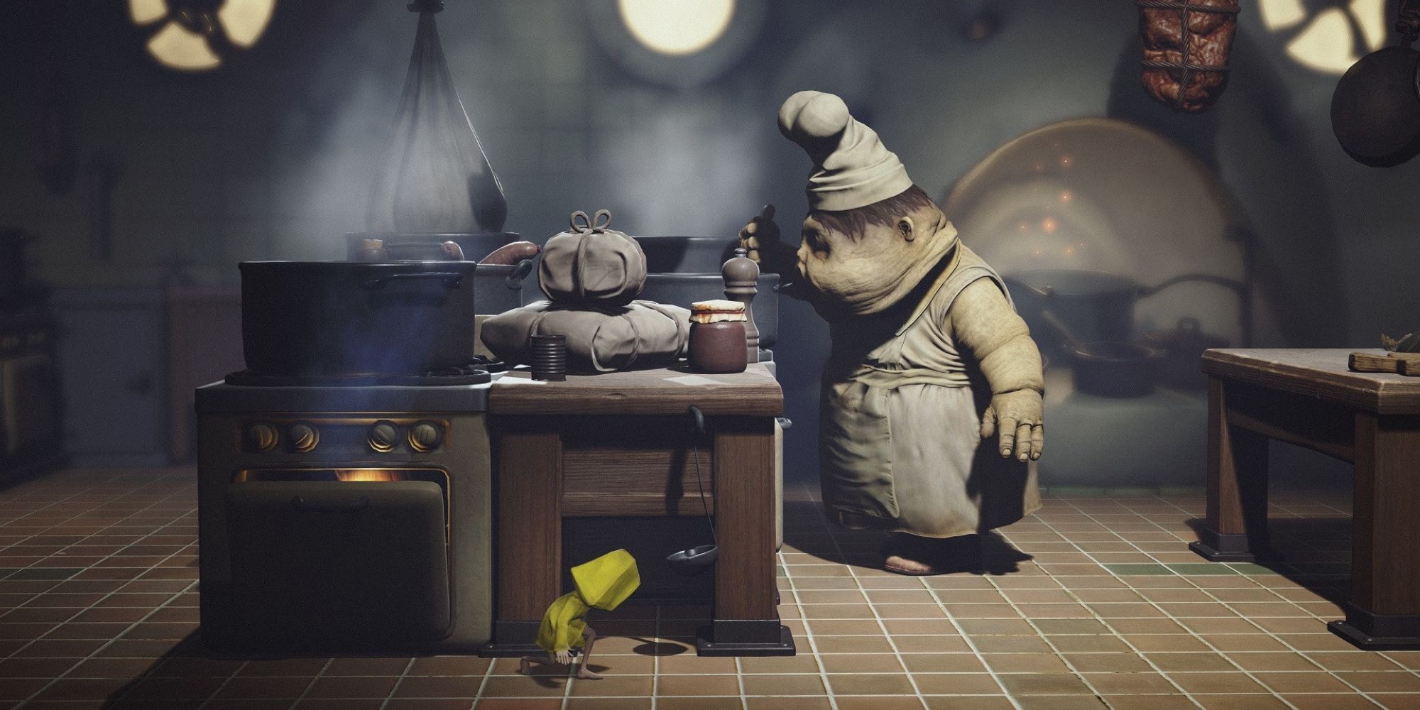 Little Nightmares Promo Art Showing A Child In Yellow Hiding From Chef-like Monster
