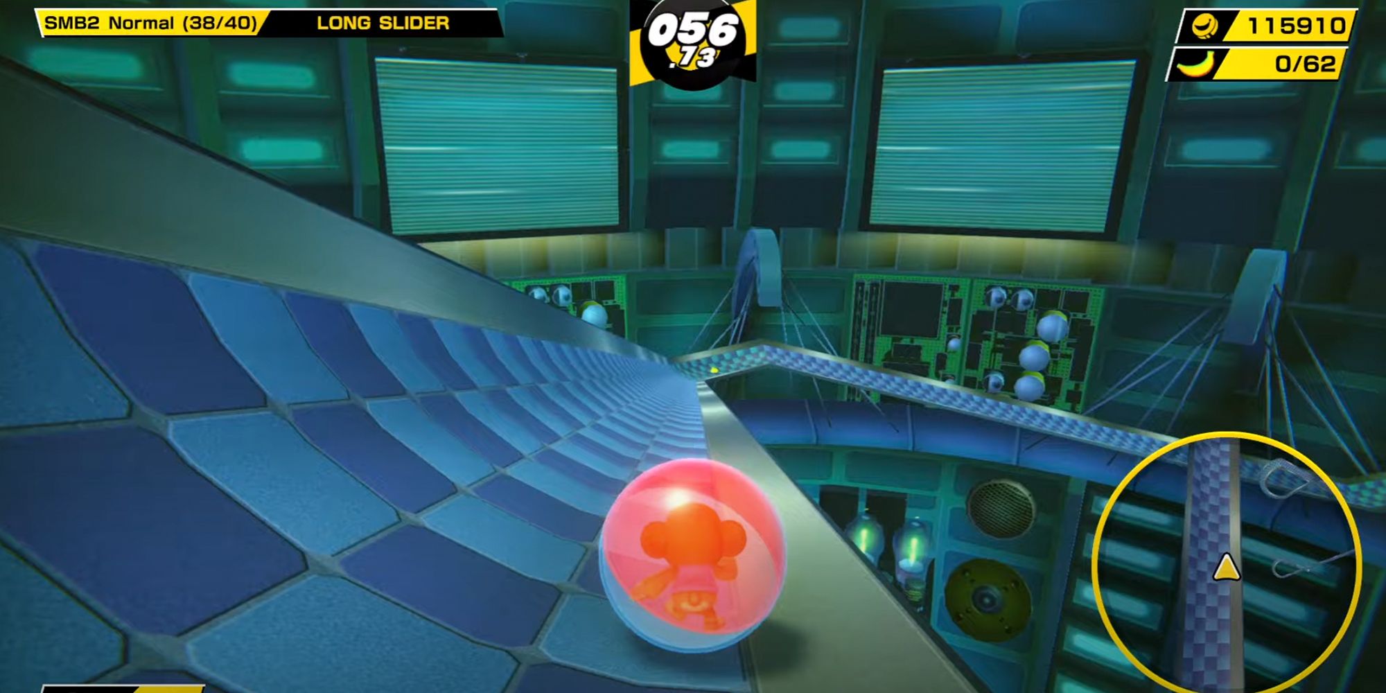 Super Monkey Ball Banana Mania. Long Slider level. Monkey in a hamster ball on a long blue checkered slide.