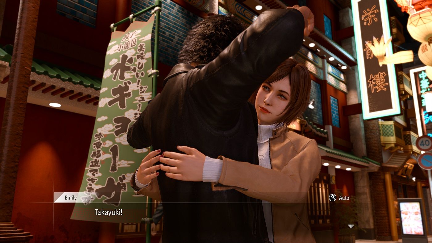 Lost Judgment Emily hugging yagami
