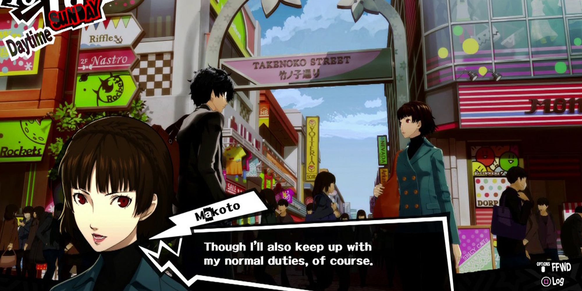 Persona Makoto talking to Joker. Text box reads "Though I'll also keep up with my normal duties, of course."