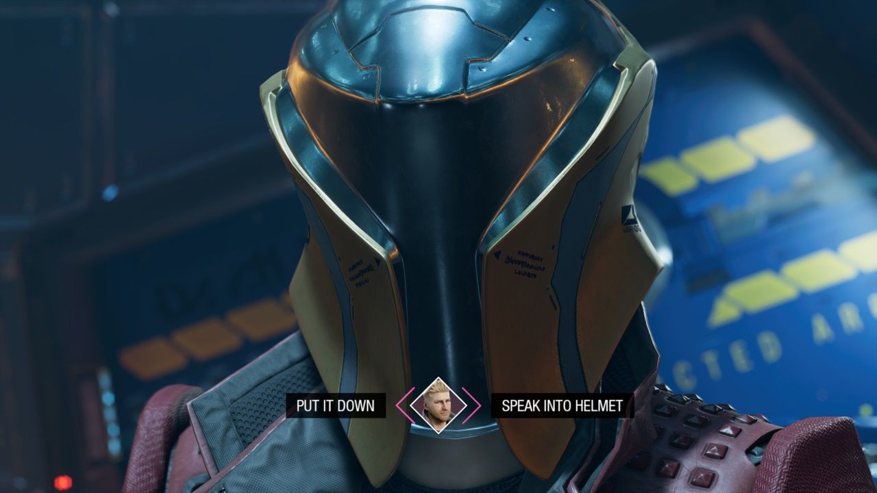 Marvel's Guardians of the Galaxy speak into the helmet or put it down