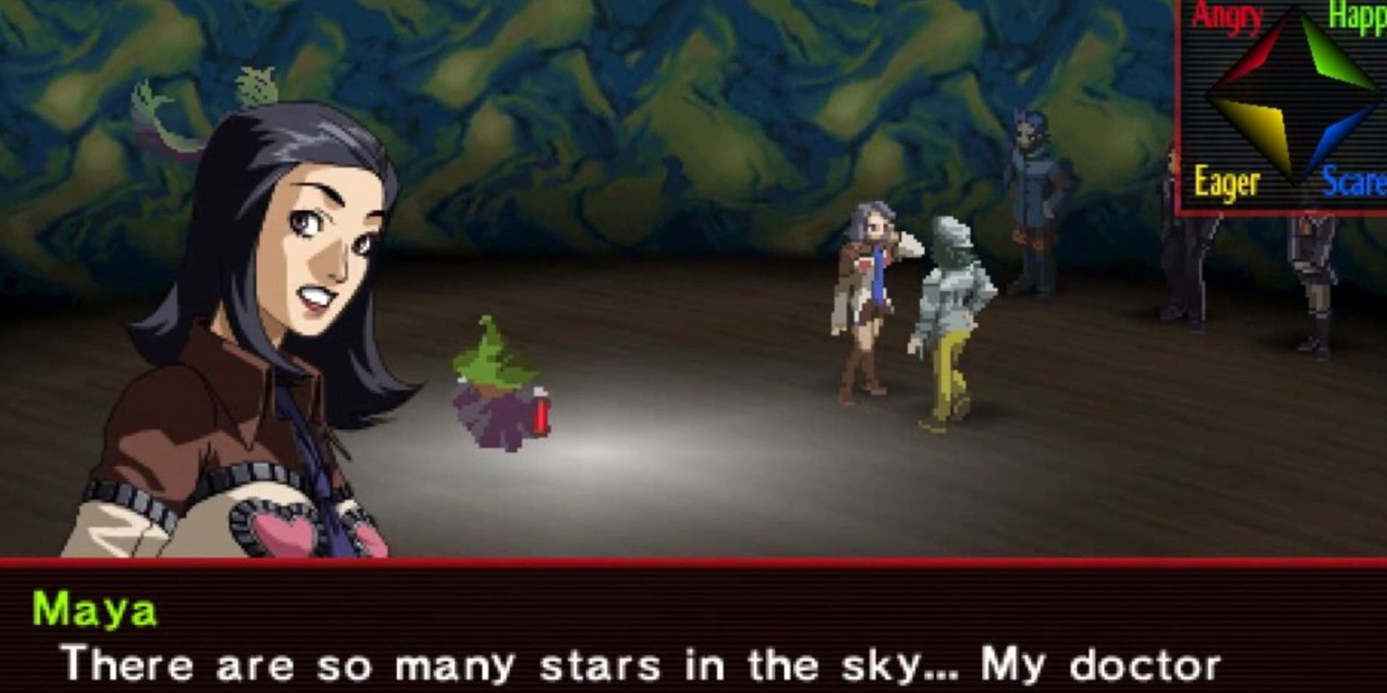 Persona Maya Amano. Text box reading "There are so many stars in the sky..."
