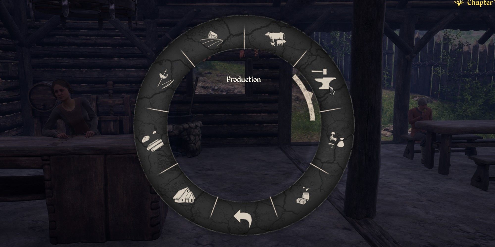 building menu with production panel highlighted