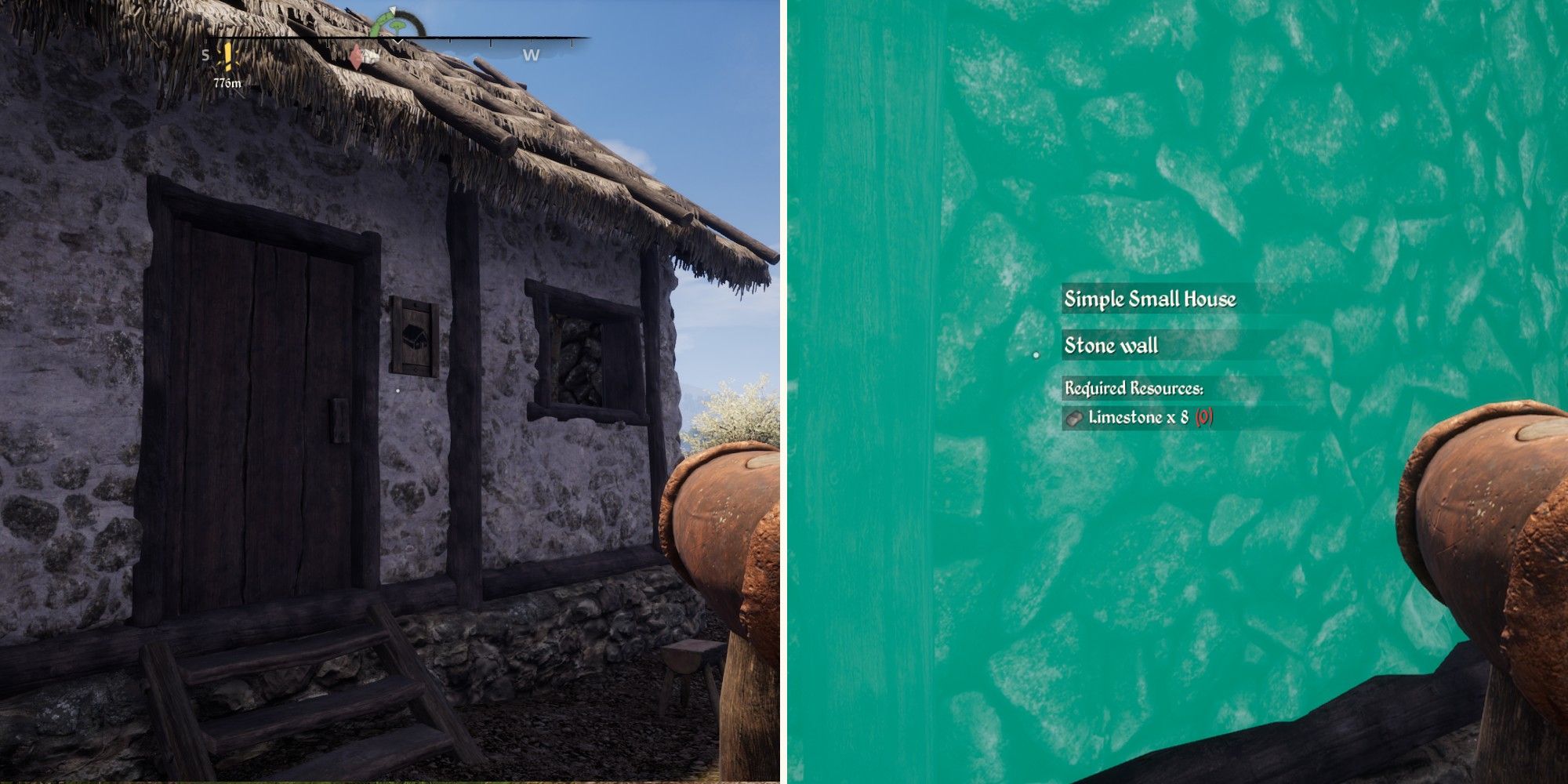 image of upgraded stone house next to image of upgrade requirements