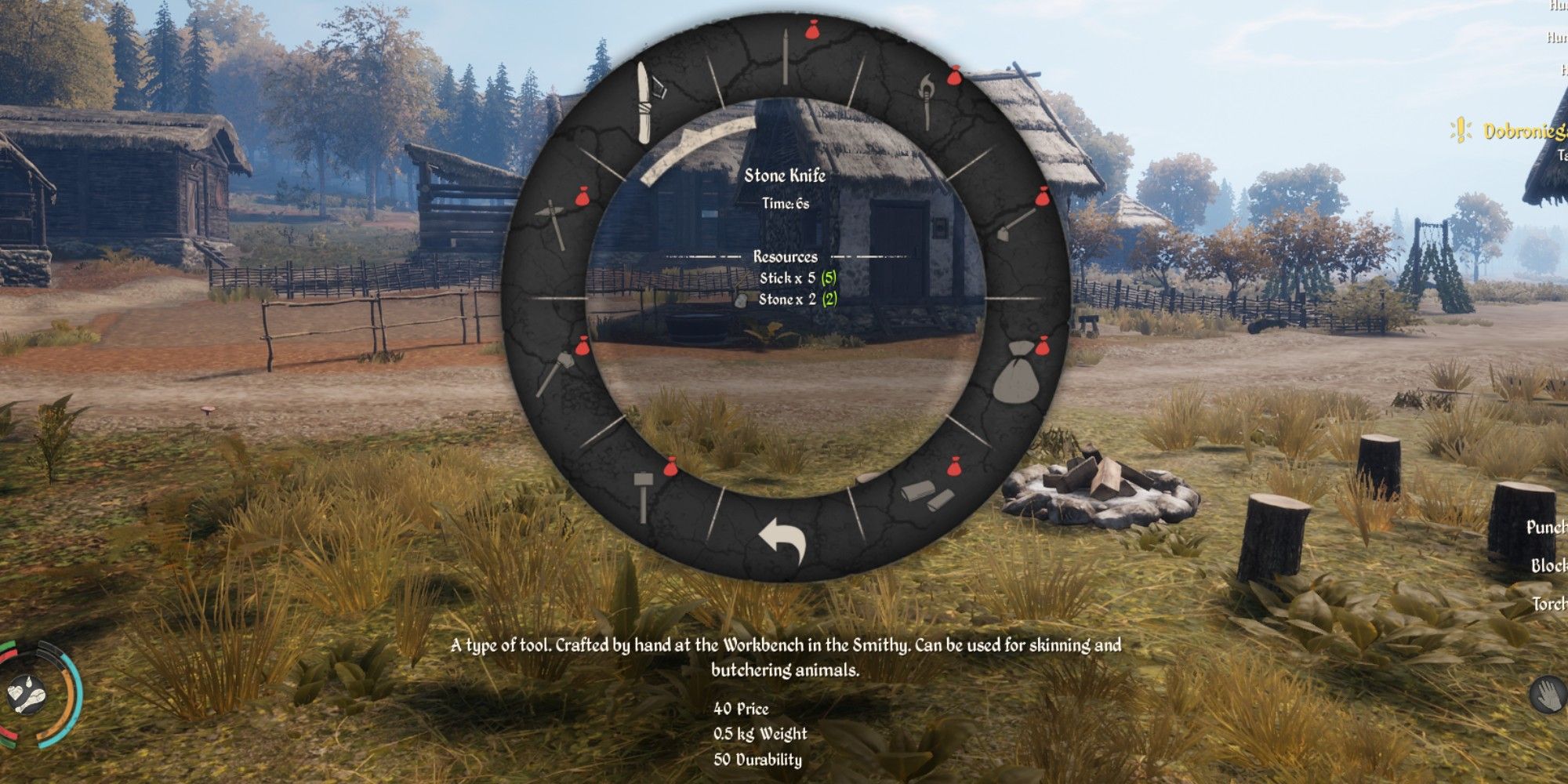 crafting menu with the stone knife highlighted