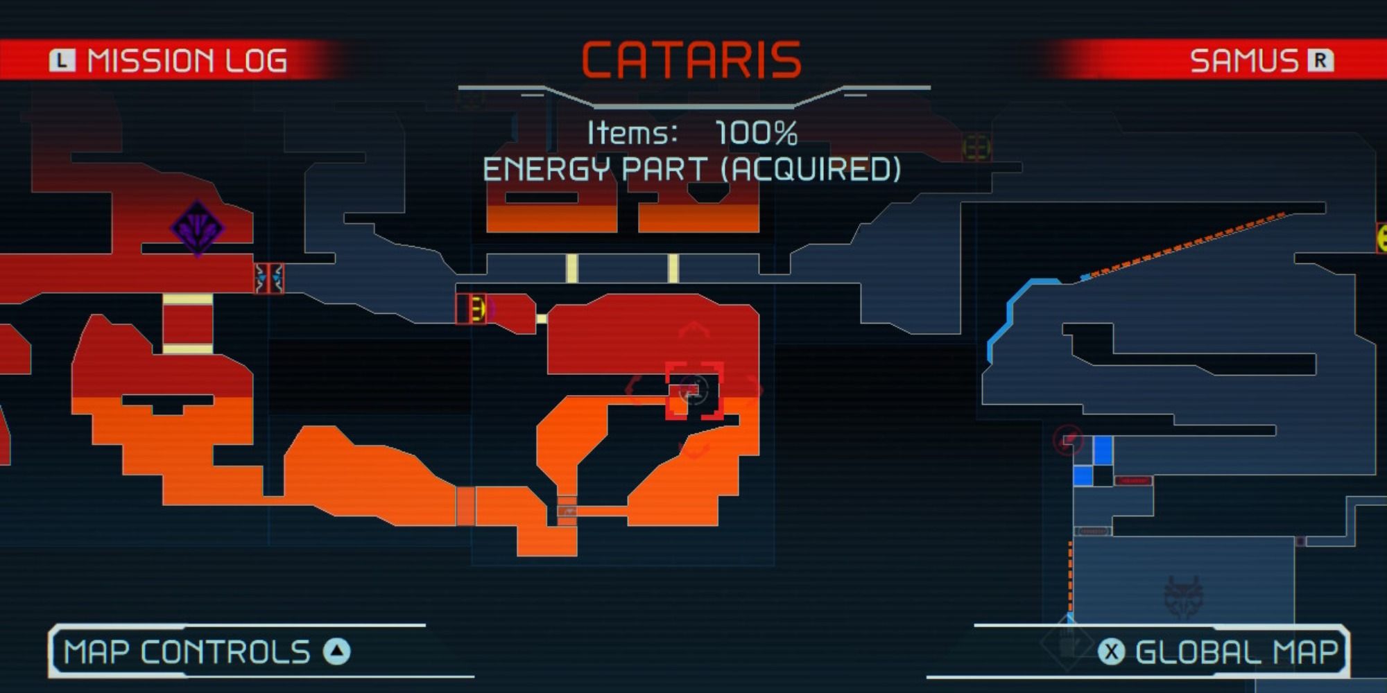 Map overview of Shinespark Puzzle 1 in Cataris in Metroid Dread