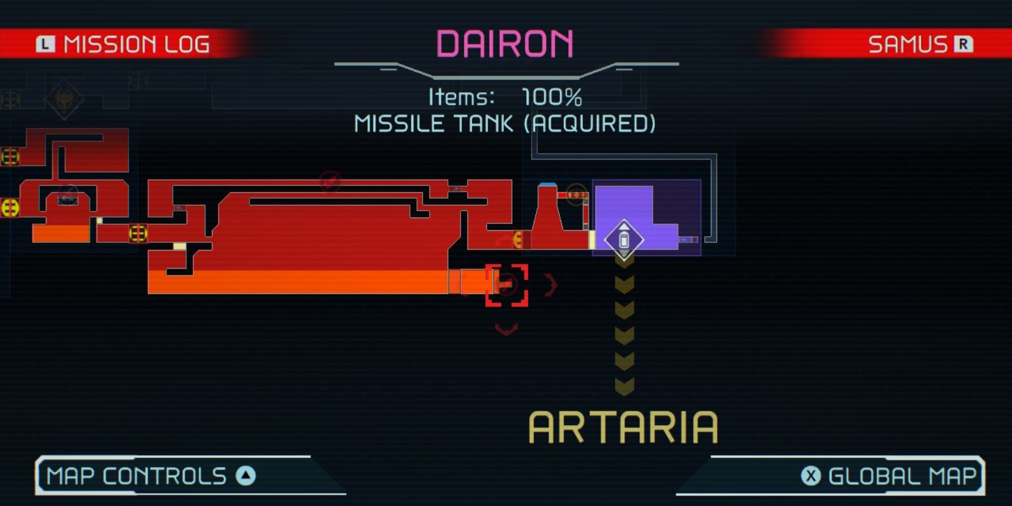 Map overview of Shinespark Puzzle 7 in Dairon in Metroid Dread