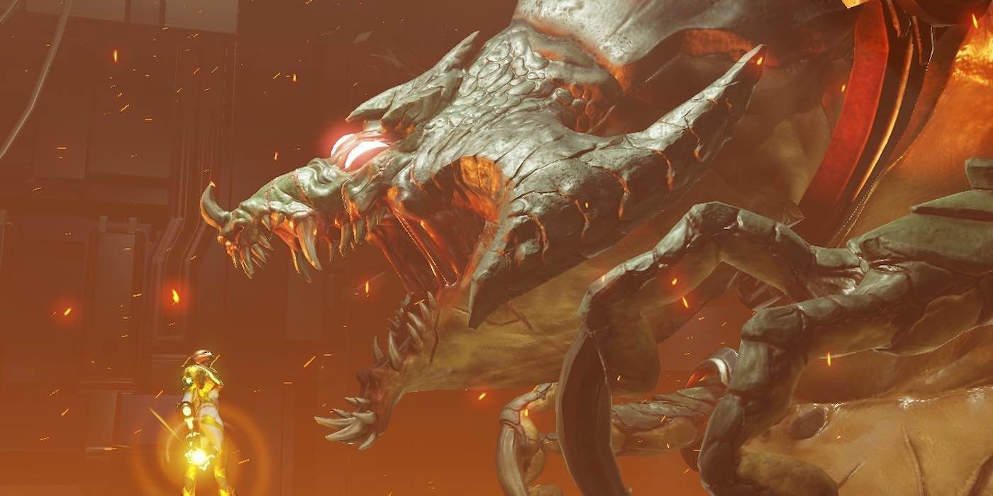 A screenshot showing Samus encountering Kraid in Metroid Dread