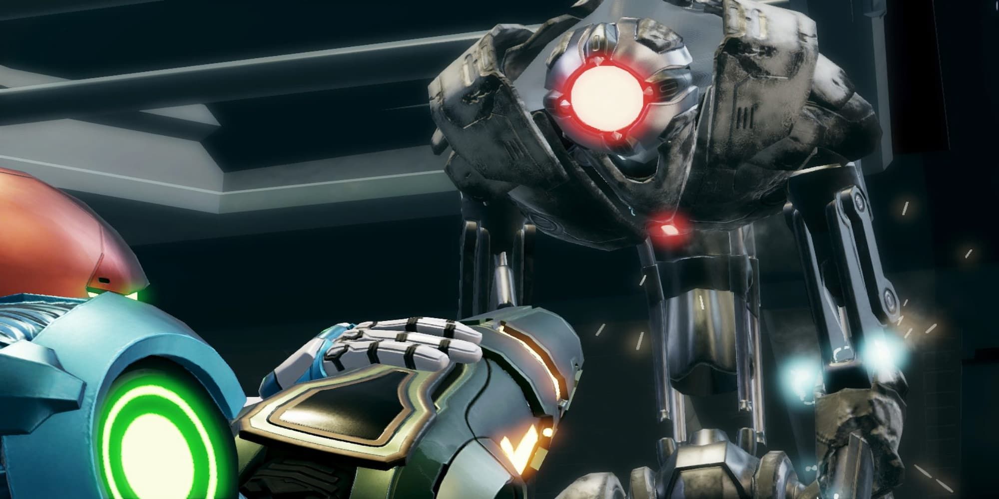 Samus aims at an EMMI in Metroid Dread