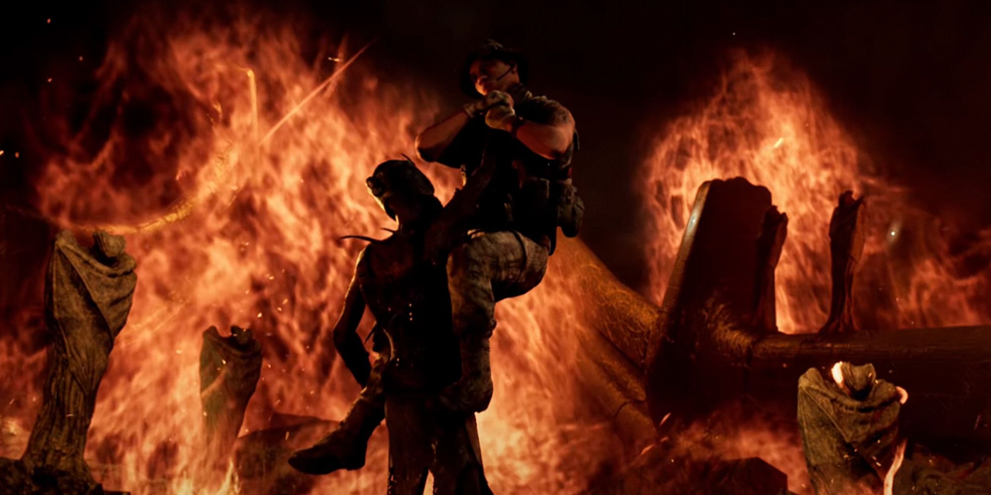 House Of Ashes. Orange flames rising all around the two characters on screen. Horror game.