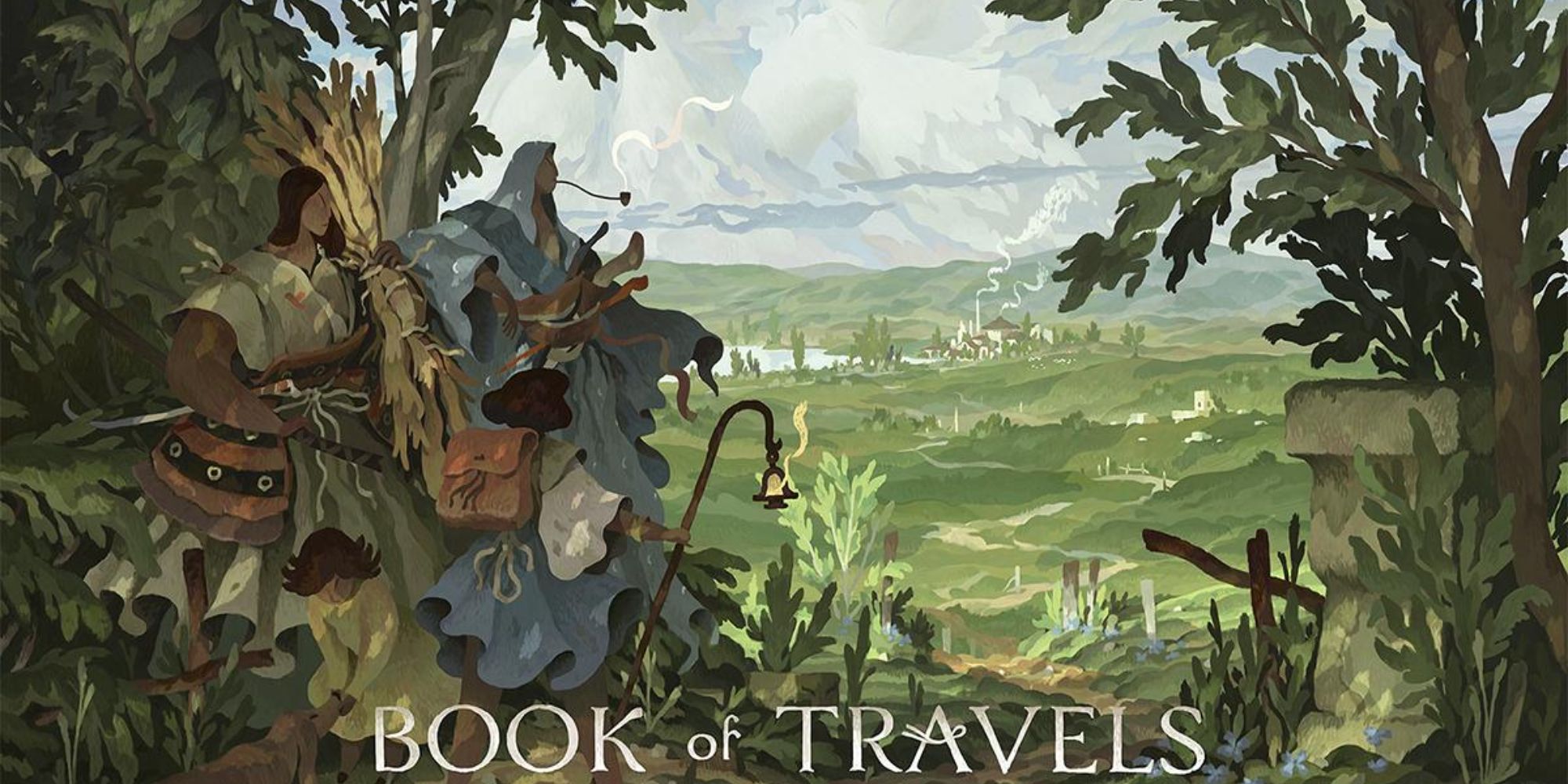 Multiplayer Games To Play Without A Microphone cover art for the multiplayer game Book of Travels with three cloaked characters to the left enshrouded in dense foliage with a break in the middle leading towards a city in the far distance 