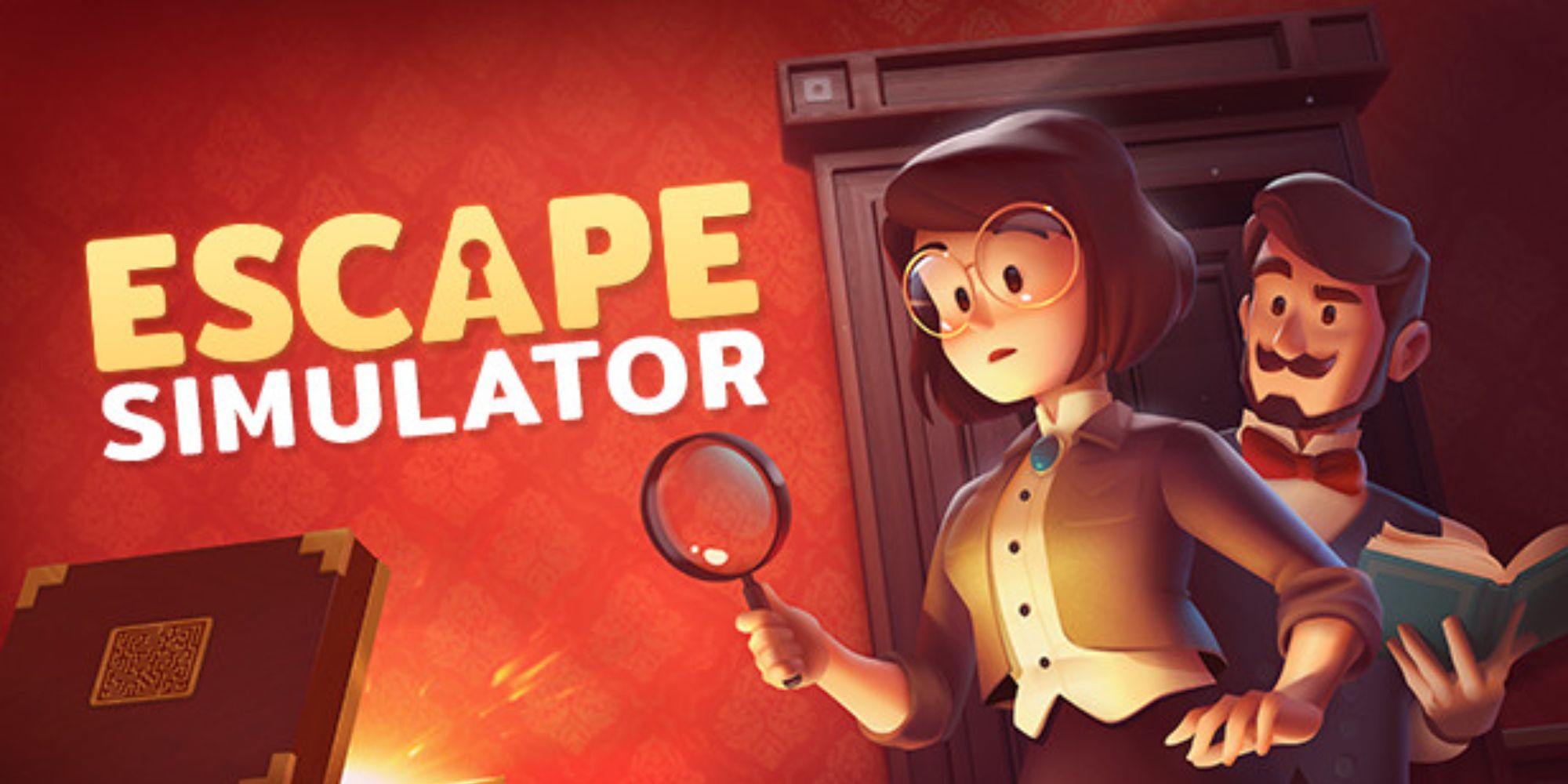 Multiplayer Games To Play Without A Microphone the cover art for the game Escape Simulator with two characters on the right dressed in victorian clothing one of which is holding a book the other a magnifying glass with the game's logo above an opened glowing chest on the left