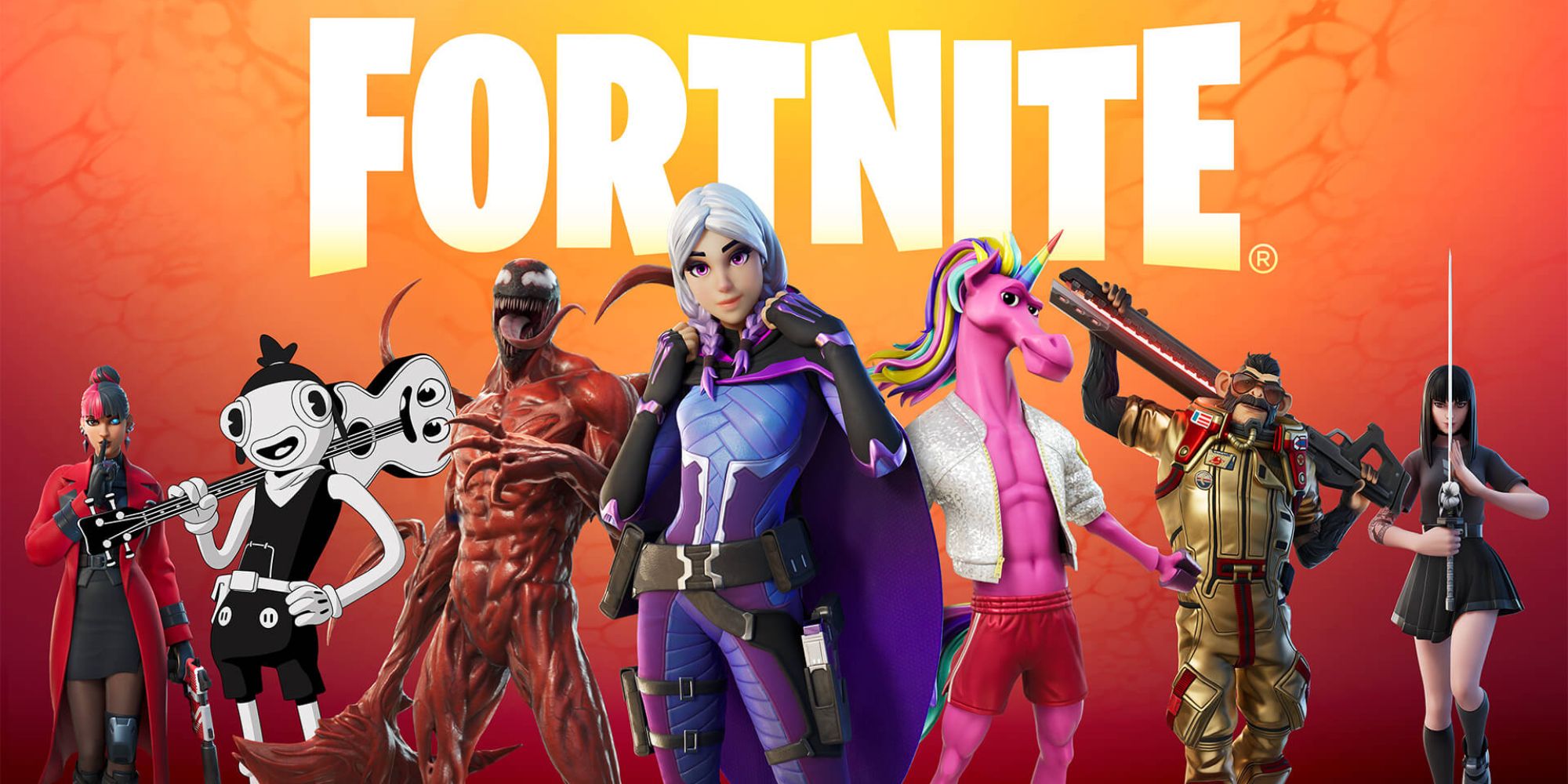 Multiplayer Games To Play Without A Microphone cover art for the game Fortnite with various characters on the front including Carnage against a red background with the games logo above the cast of characters
