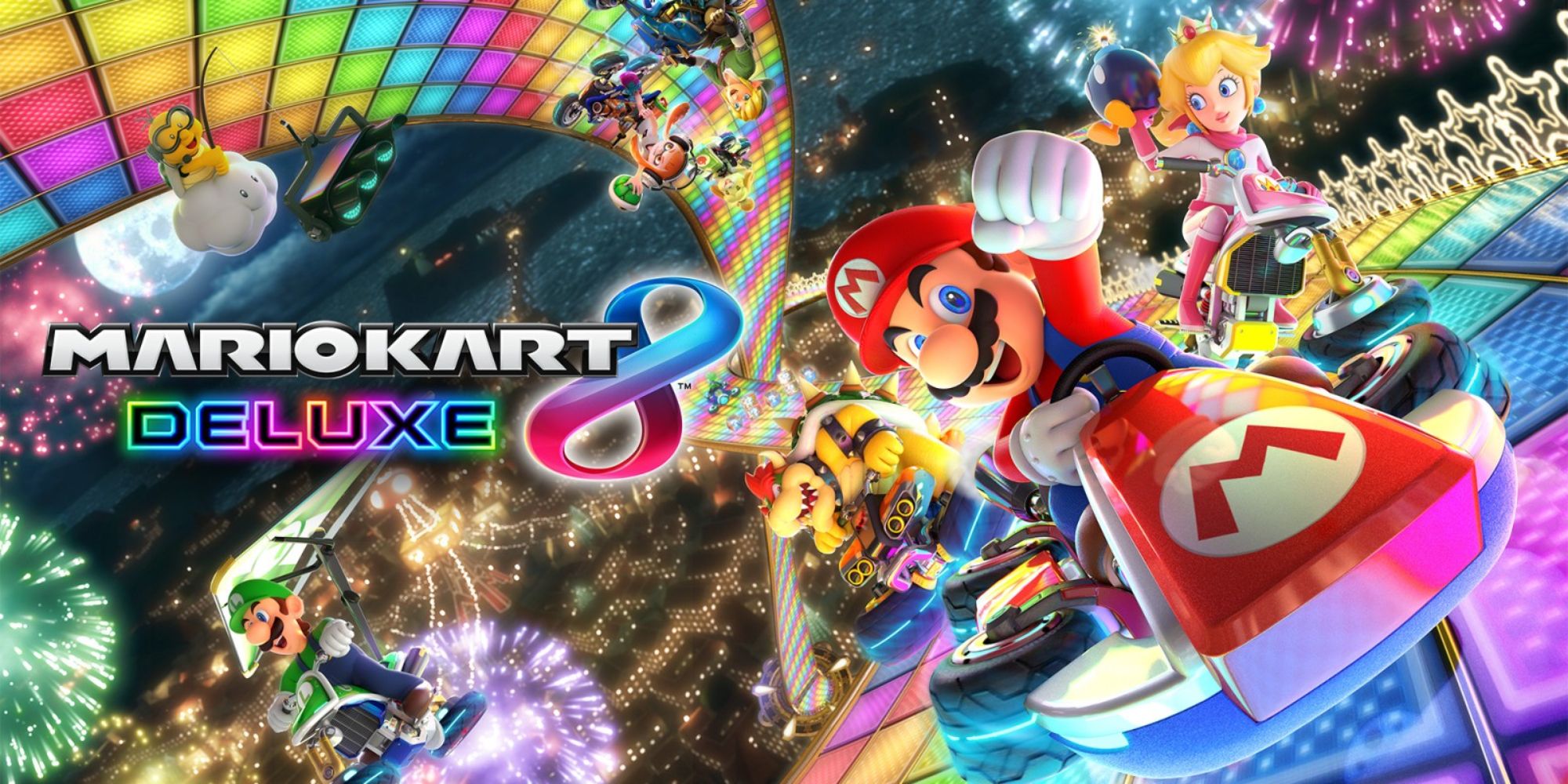 Multiplayer Games To Play Without A Microphone the cover image for Mario Kart 8 with Mario, Luigi, Princess Peach and Bowser prominently featured in the foreground as they race along Rainbow Road with the logo to the centre left