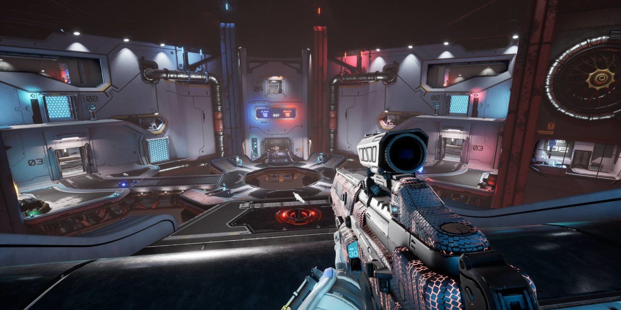 Multiplayer Games To Play Without A Microphone a first-person perspective from the game Splitgate with the player holding a scoped rifle looking out onto a arena separated by blue on the left and red on the right