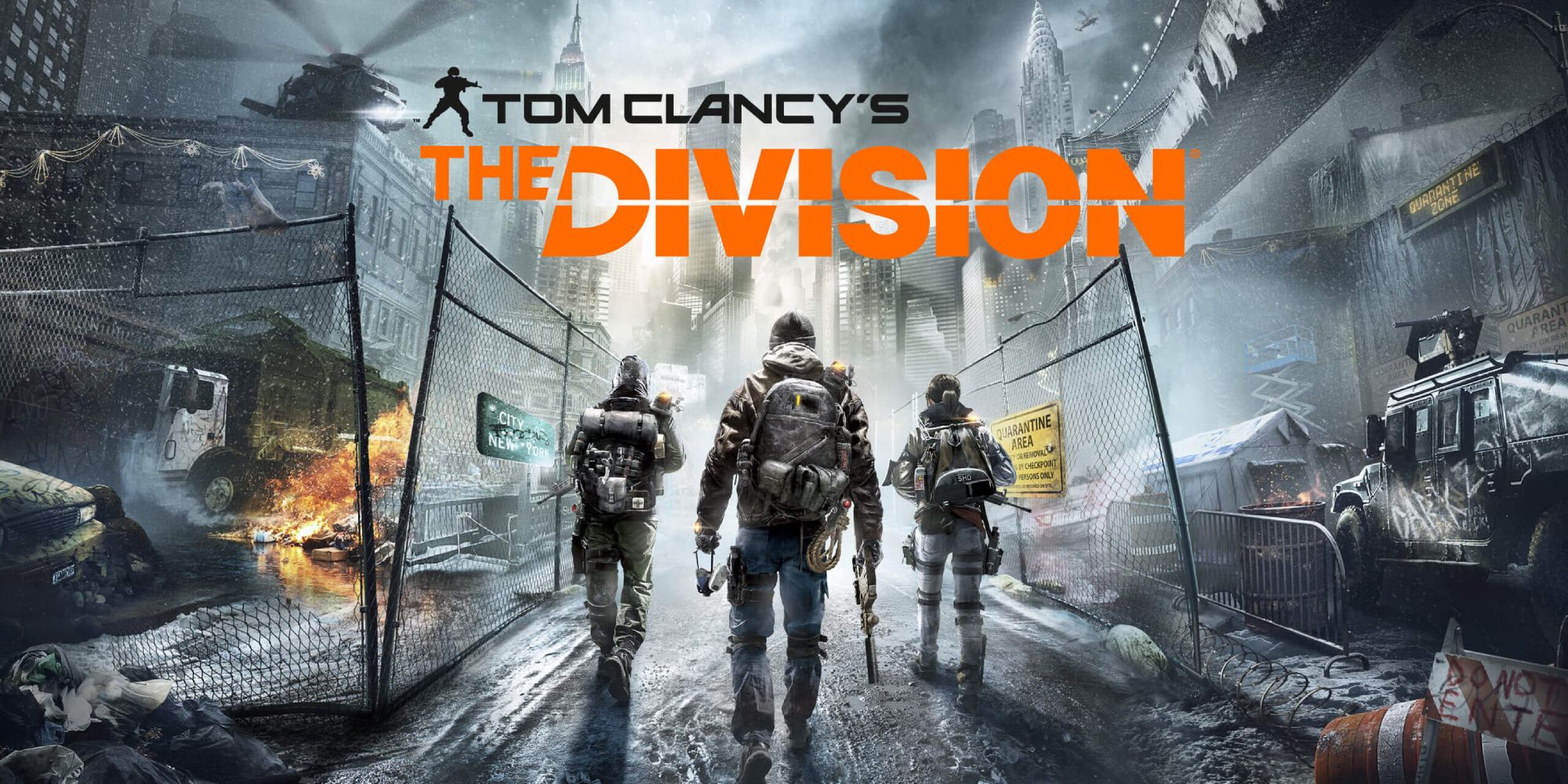 Multiplayer Games To Play Without A Microphone cover art for the game The Division picturing three agents holding rifles with their backs turned walking into a ruined city on fire with the logo at the top of the image
