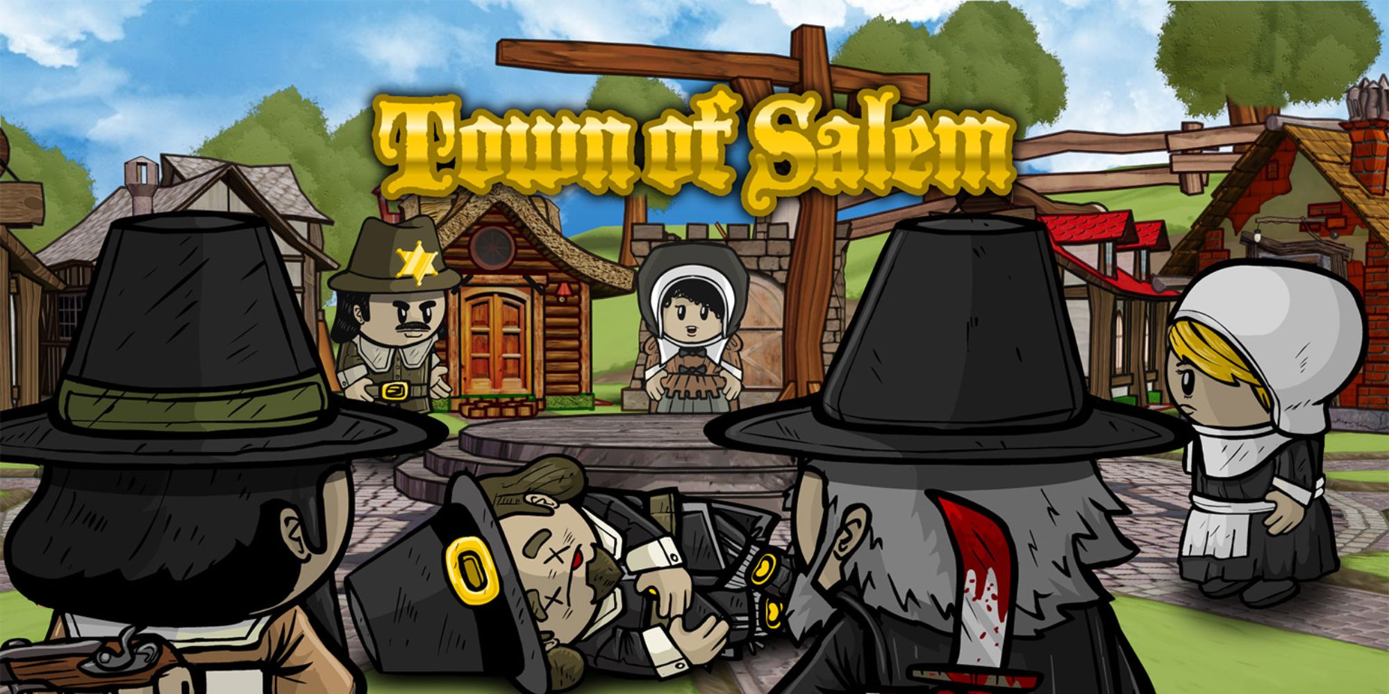 Multiplayer Games To Play Without A Microphone cover art for the game Town of Salem with a group of characters dressed in pilgrim clothing stood around a dead body with one of the characters holding a knife behind their back
