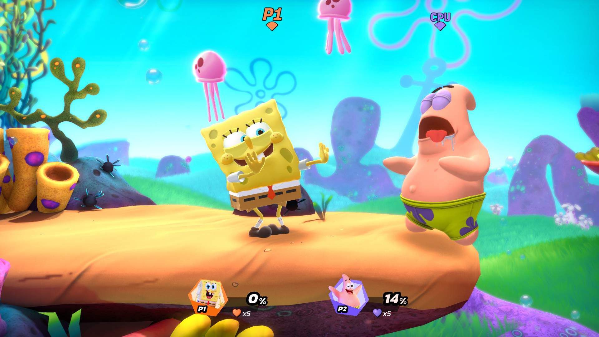 Nickelodeon All-Star Brawl - Spongebob Using His Defend Against A Sleeping Patrick
