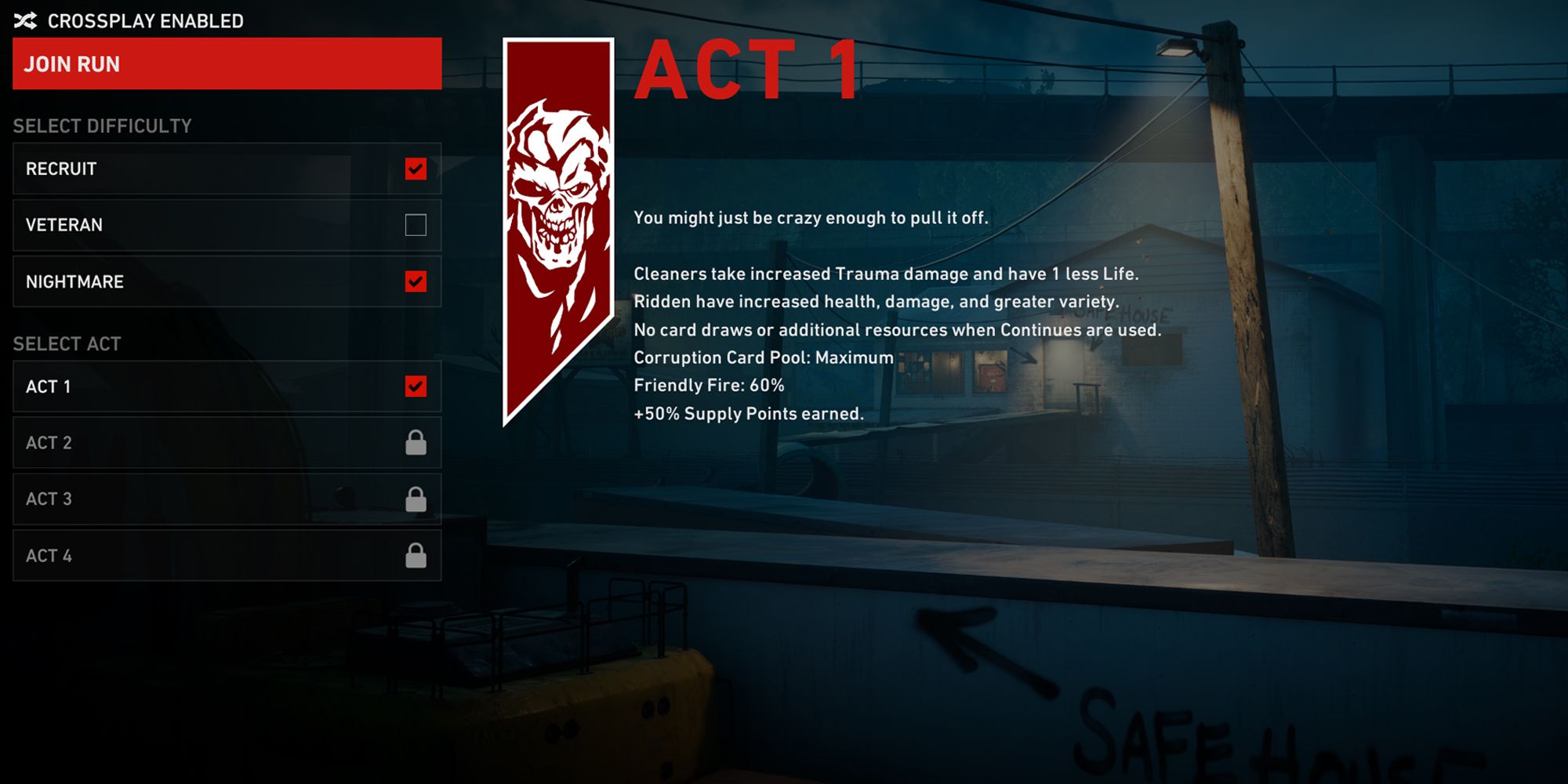 Back 4 Blood. Nightmare difficulty. Mission select screen.