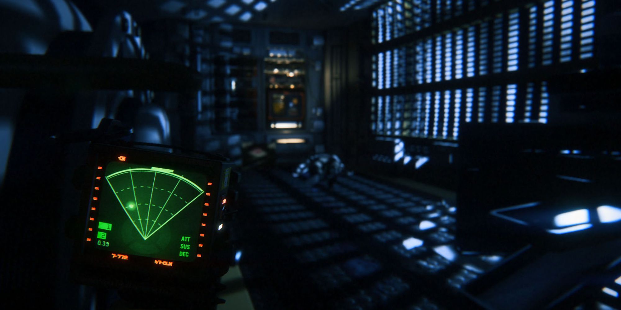 Alien Isolation. Motion tracker as Ripley searches for the Alien's location. Dark atmospheric location.