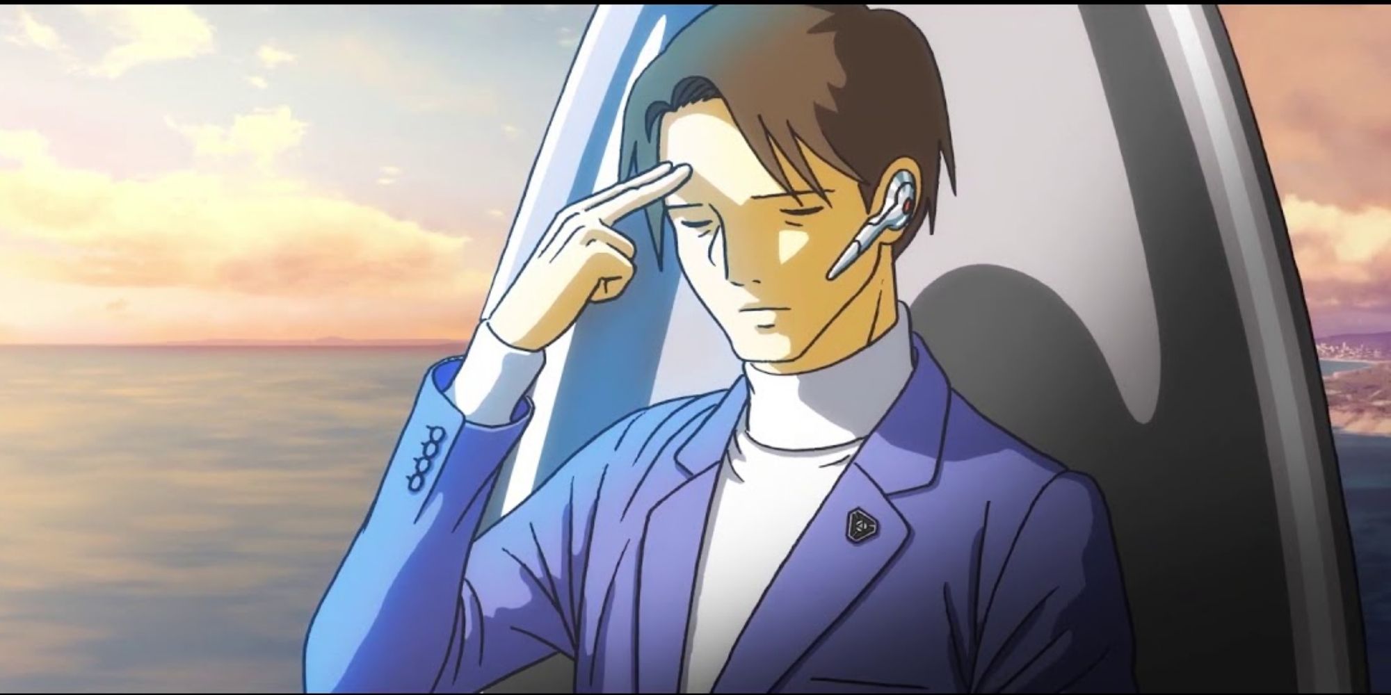 The villain Damon looks pensive in an anime-style No More Heroes 3 cutscene
