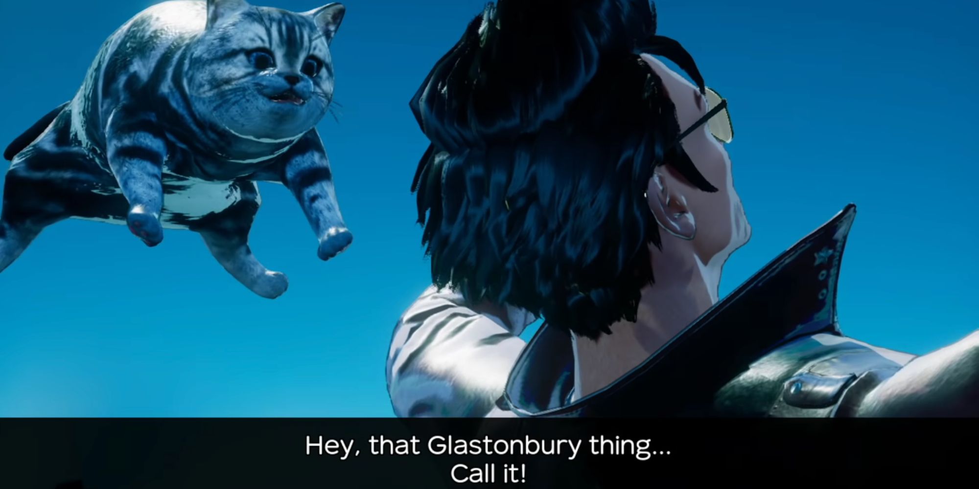 The cat Jeane telling Travis Touchdown to call the Glastonbury in No More Heroes 3