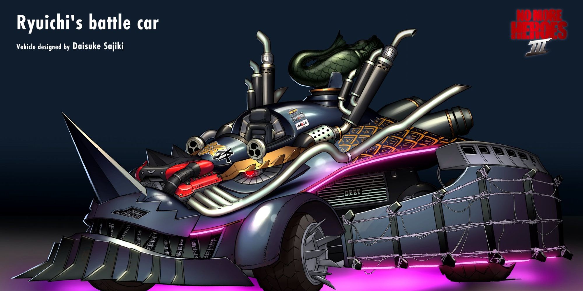 Concept art for Ryuichi's battle car from No More Heroes 3