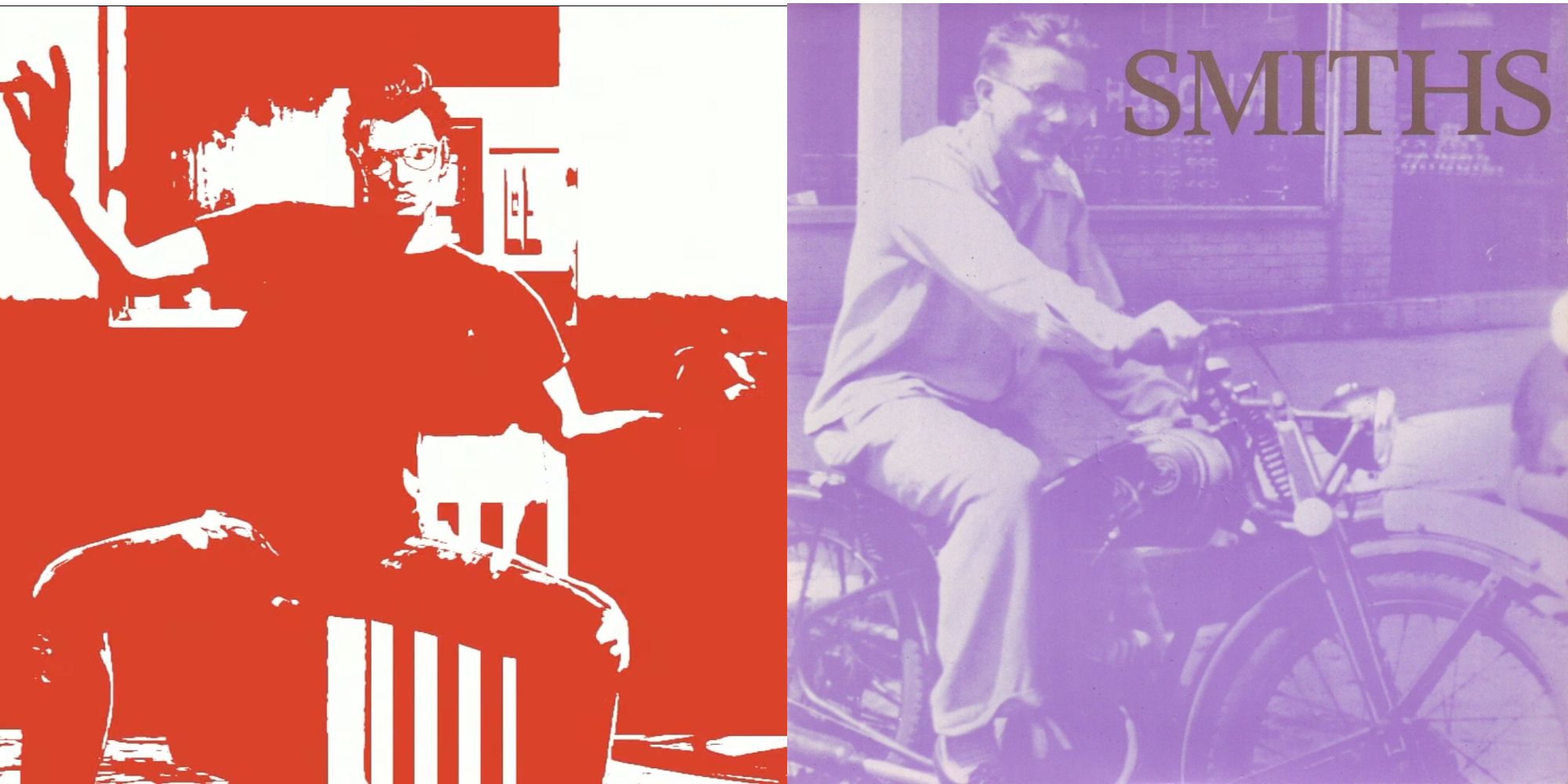 A comparison of a single-color load screen in No More Heroes 3 and a Smiths cover art
