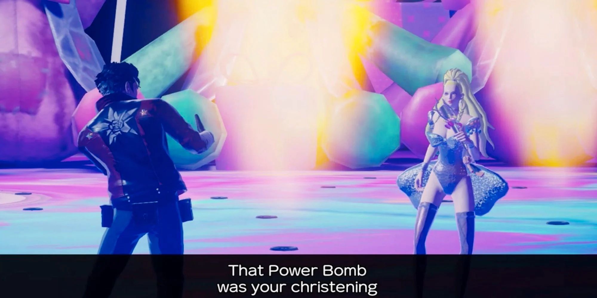 Travis Touchdown and Kimmy Love having a rap battle in No More Heroes 3