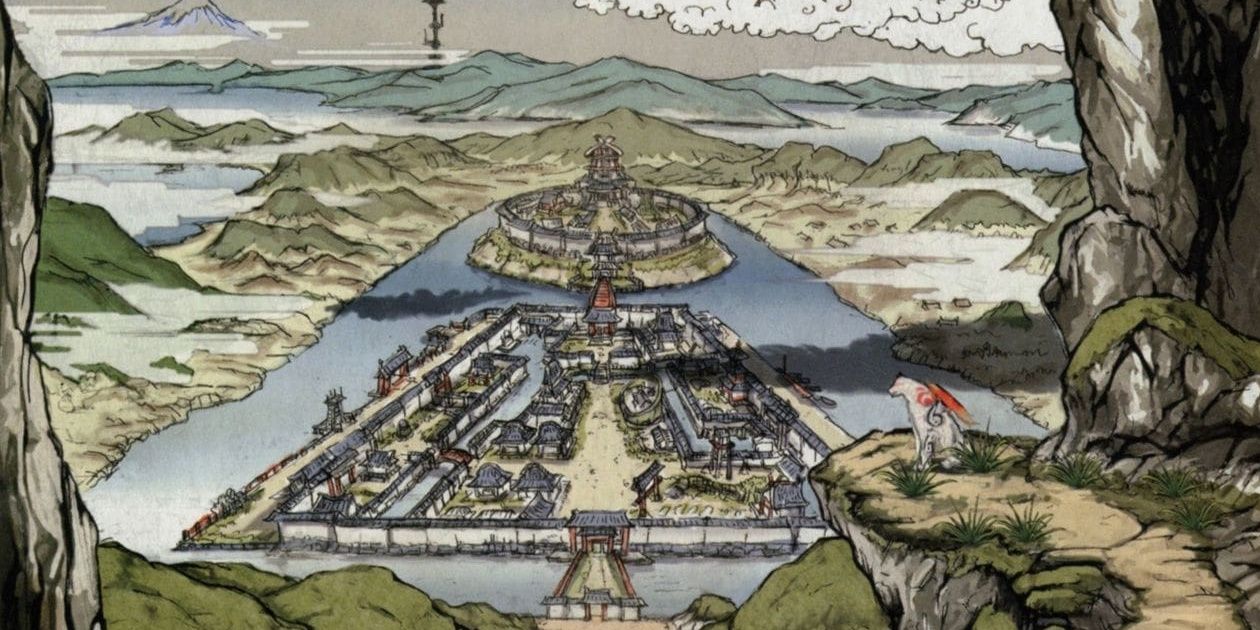 Okami Sei'an city artwork of Amaterasu overlooking the city and its buildings